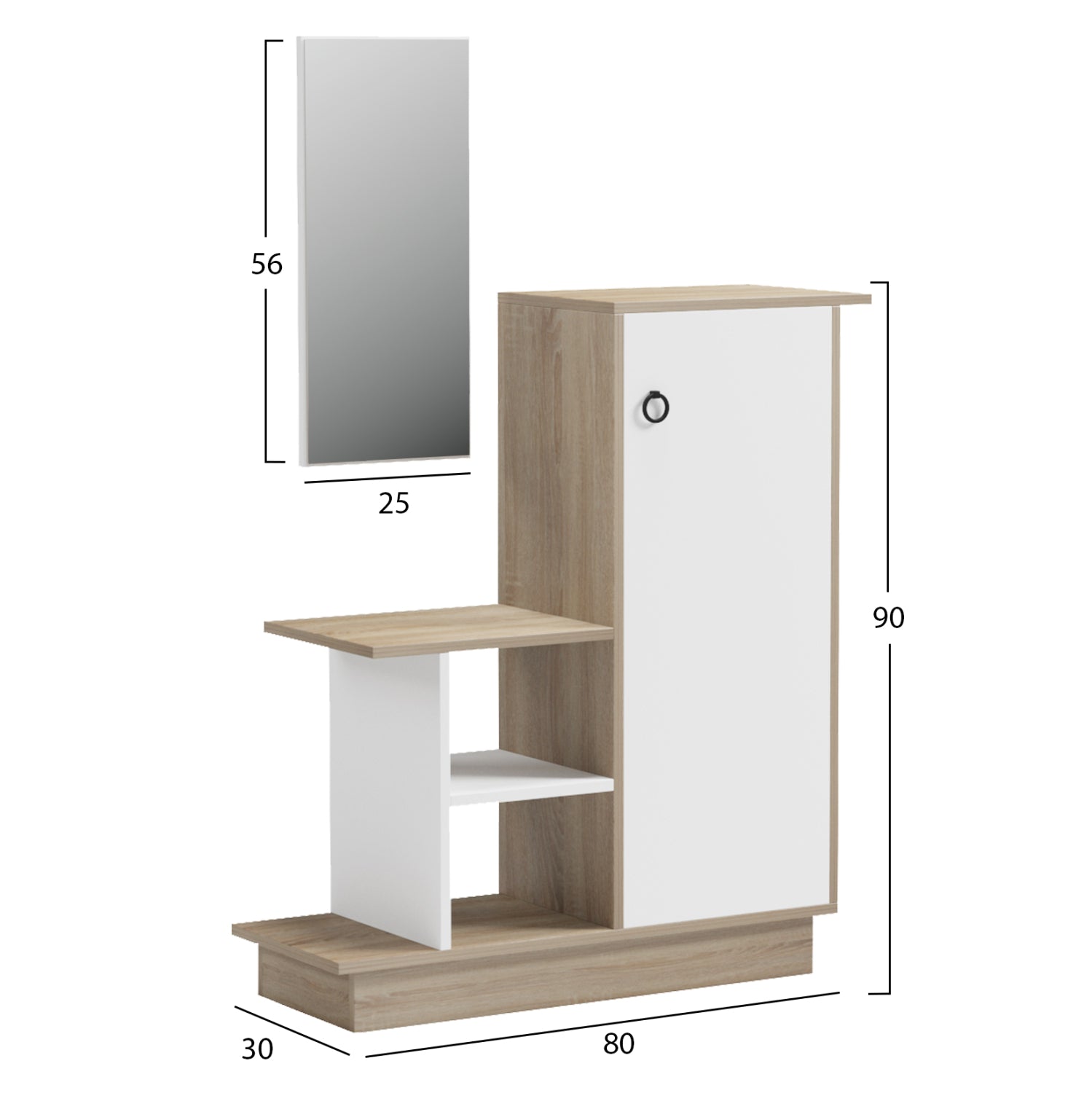Мебели за вход със стенно огледало song melamine в цвят sonama/бяло 80x30x90hсм