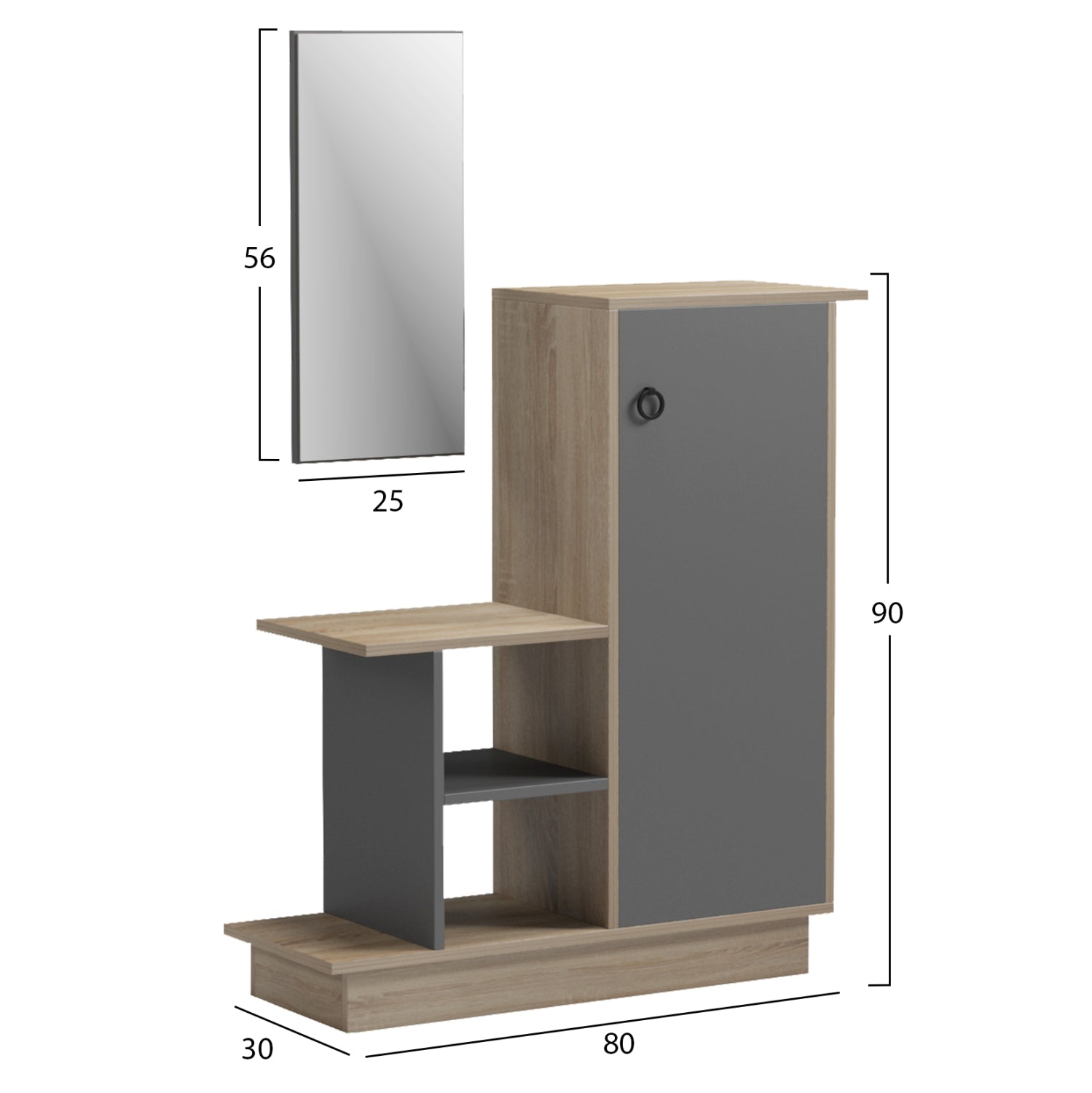Мебели за вход със стенно огледало song melamine в цвят sonama/сиво 80x30x90hсм
