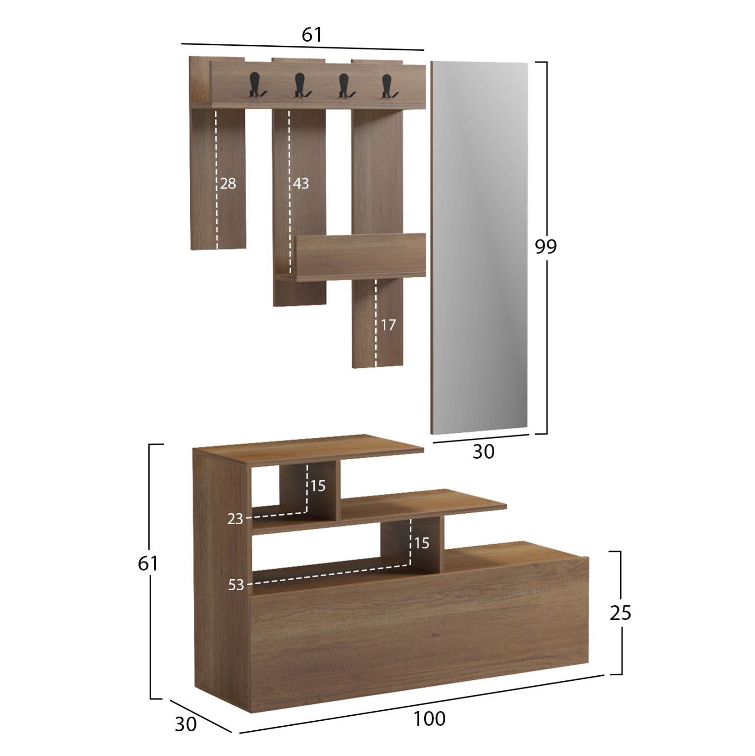 Входно обзавеждане с огледало мецо меламин в естествен цвят 100x30x61hcm