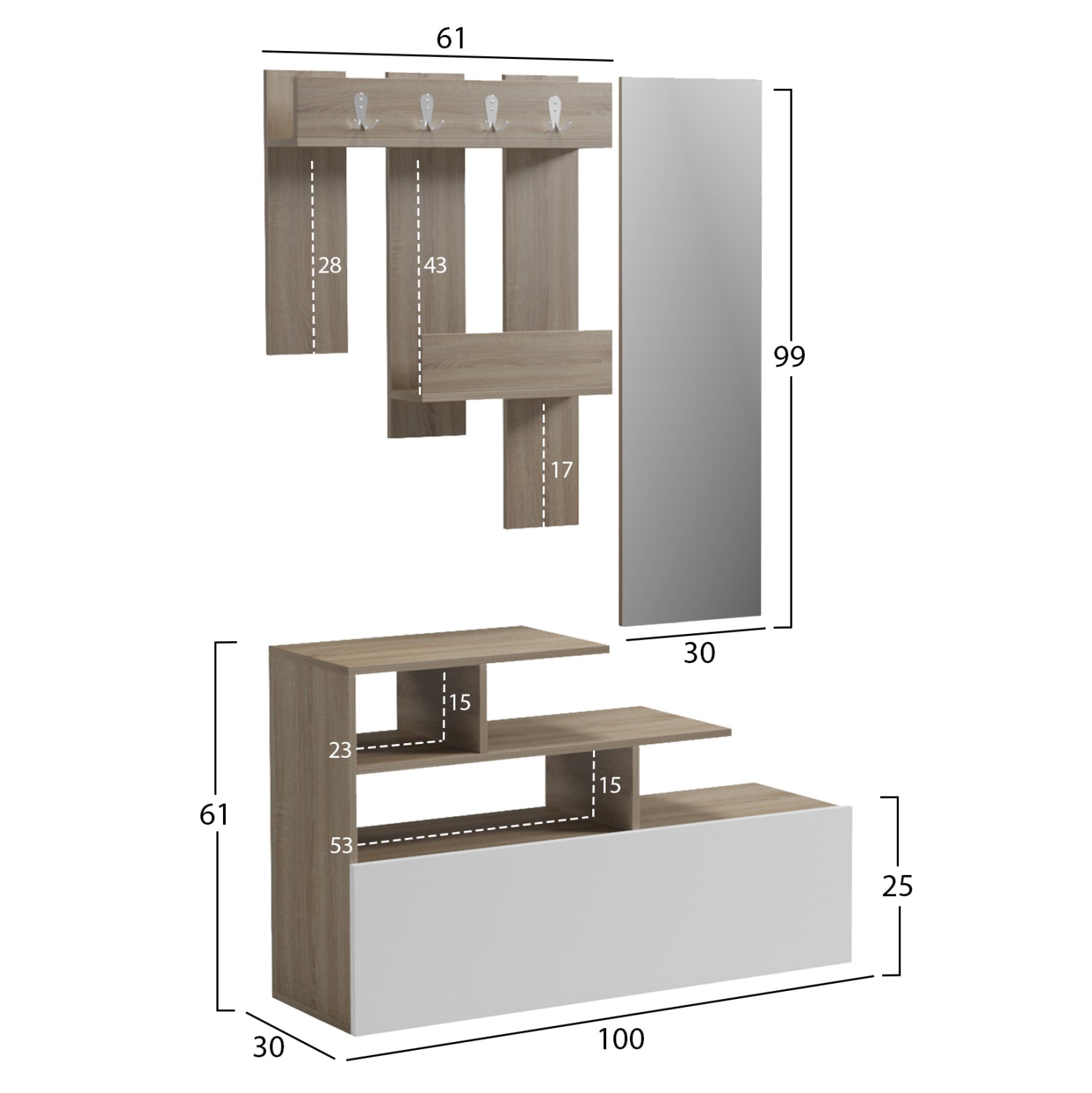 Мебели за вход със стенно огледало mezzo melamine в цвят sonama/бяло 100x30x61hсм