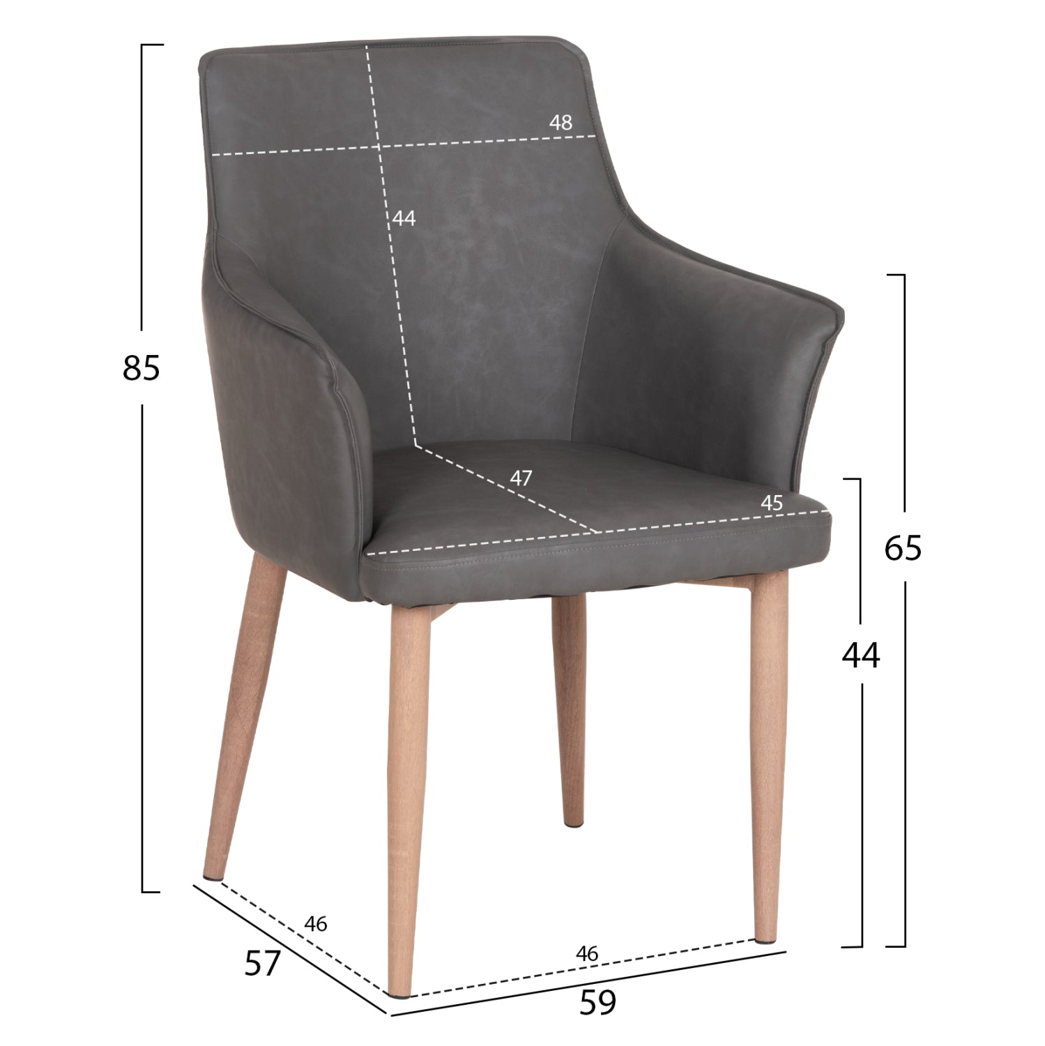 Трапезен стол mell от изкуствена кожа в опушено сиво - метални крака с дървесни шарки 59x57x85всм
