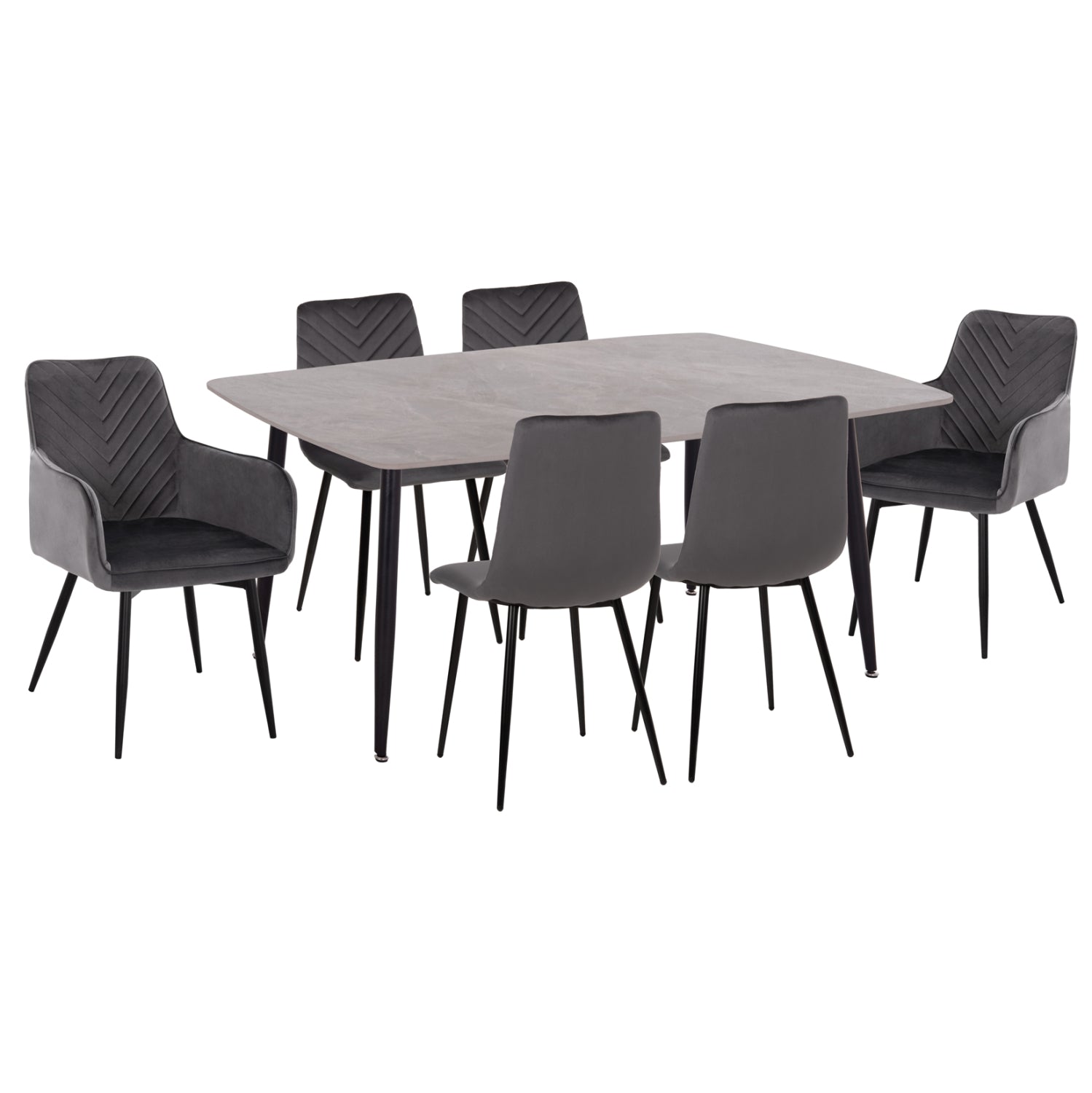 Комплект за хранене RAVEN 7 части  маса с керамичен плот - 4 стола и 2 фотьойла, сиви