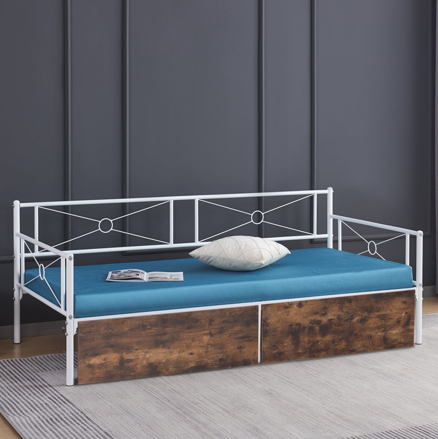 Разтегателен диван  BERNIE с бяла метална рамка и 2 чекмеджета - за 190x90 см