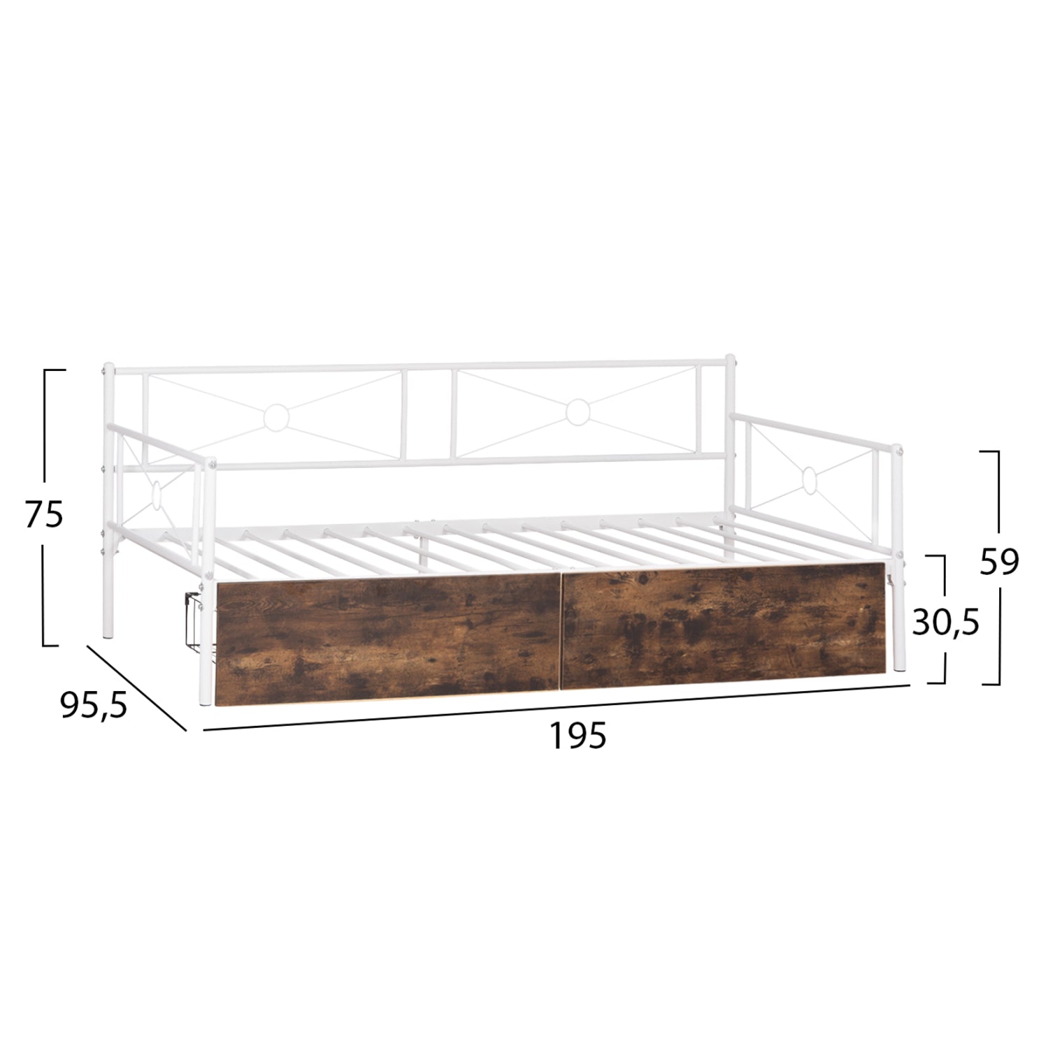 Разтегателен диван  BERNIE с бяла метална рамка и 2 чекмеджета - за 190x90 см