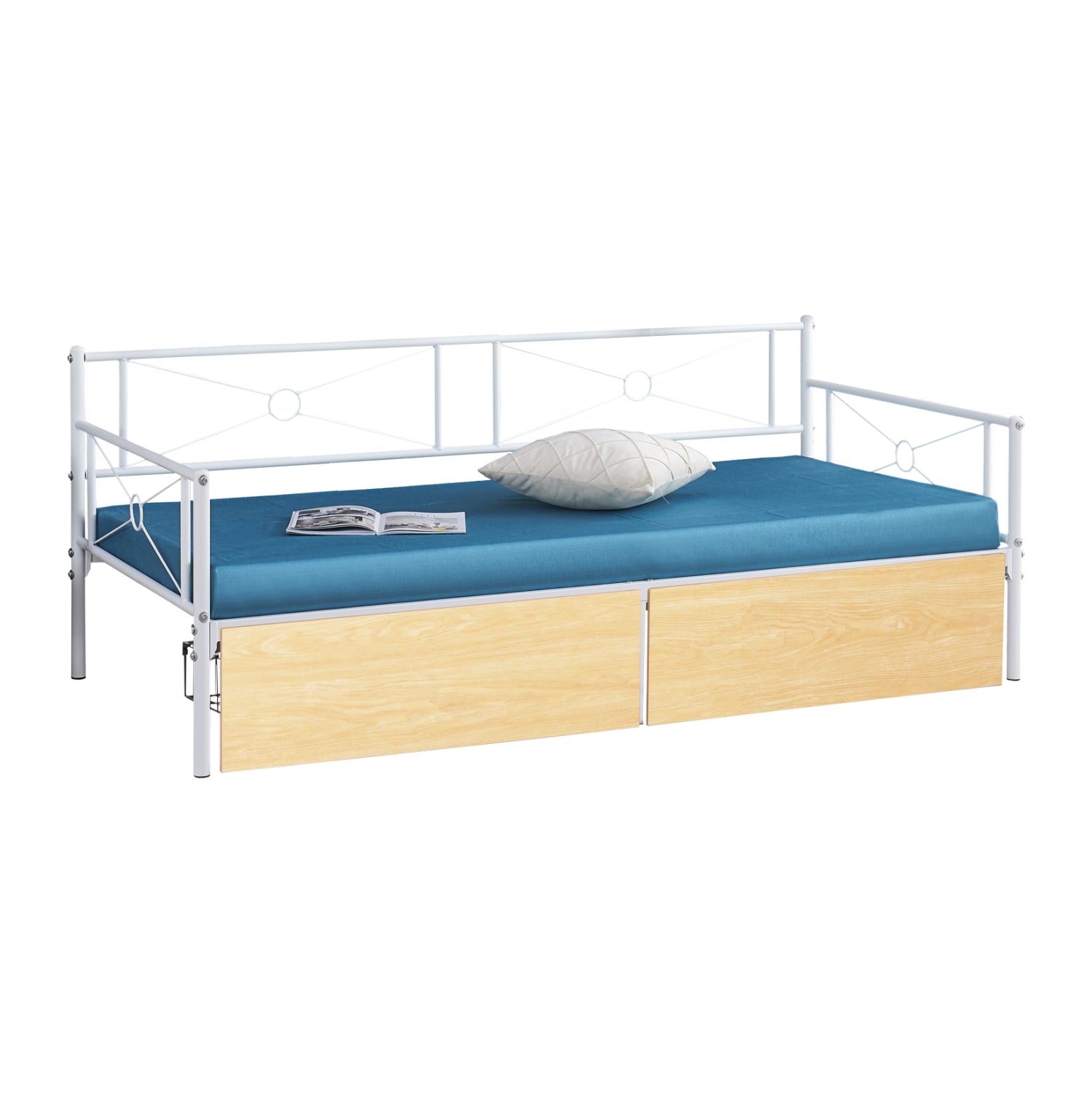 Разтегателен диван  BERNIE  бял метал и 2 чекмеджета сонома - за 190x90 см