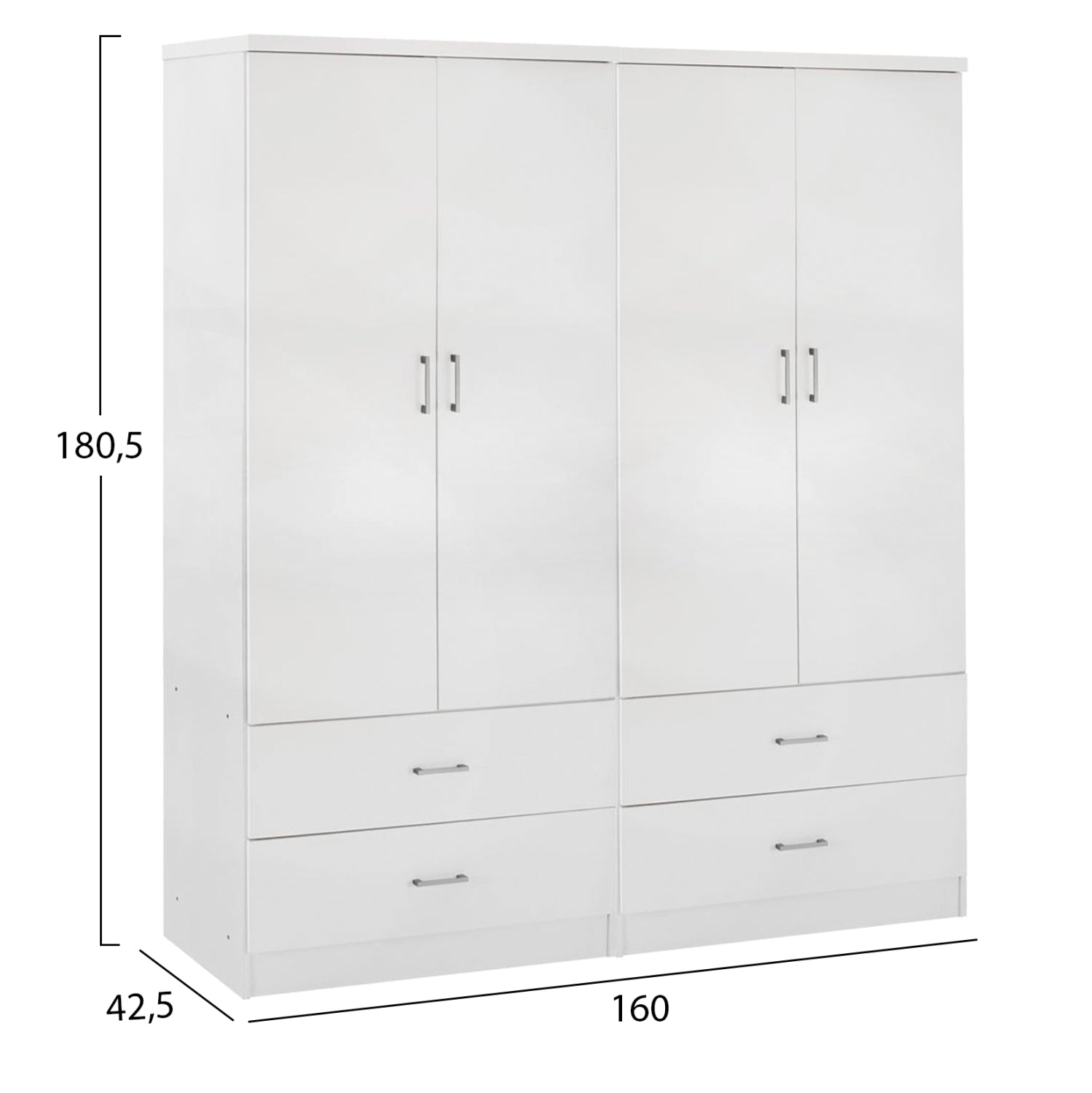 Гардероб 4-крилен REINA  с 4 чекмеджета меламинов в бяло 160x42.5x180.5