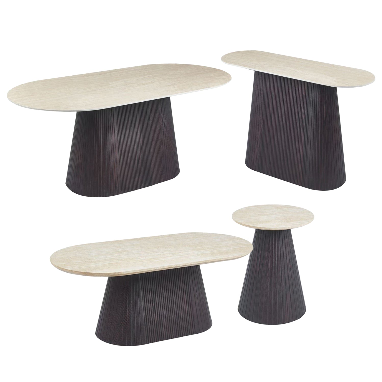 Комплект от 3 маси и 1 конзола CATER керамичен плот вид на травертин-мдф кафява основа