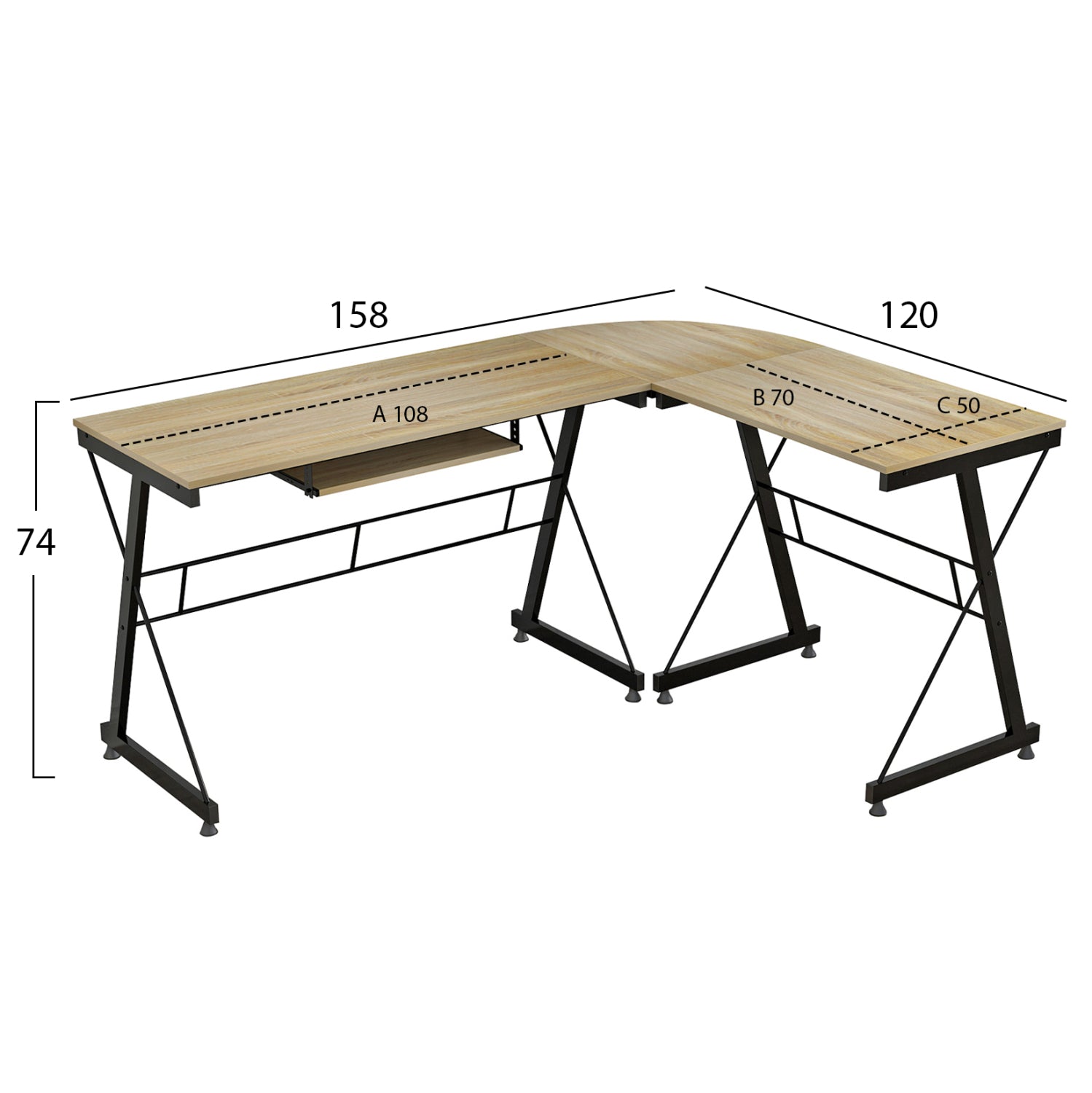 Ъглово бюро 2127  цвят сонома с черни крака 158X120X74см