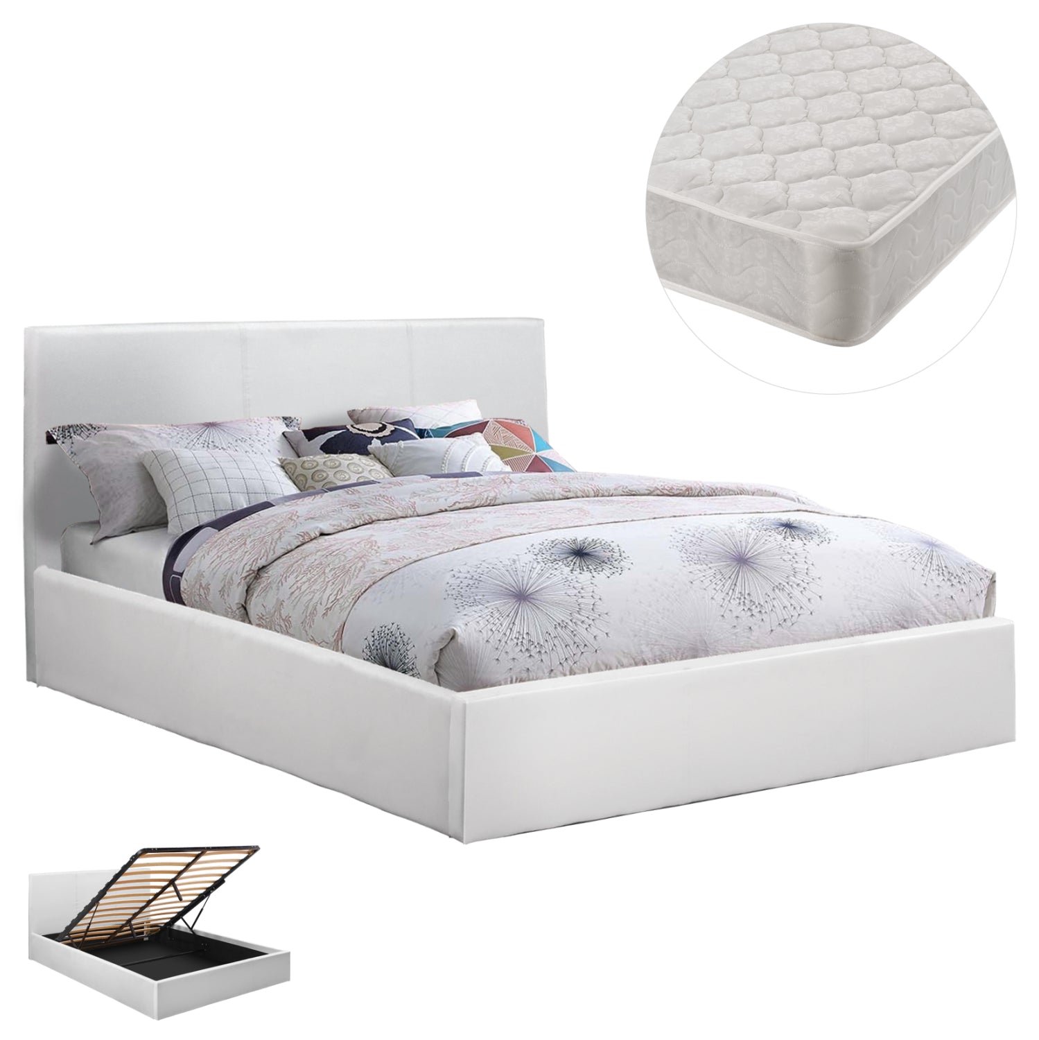 Двойно легло и матрак 150x200см Bobbi бял pu с място за съхранение