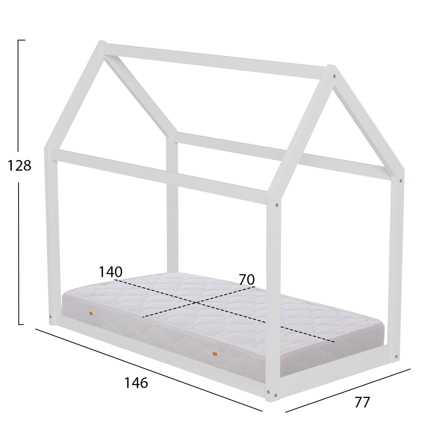 Детско легло с матрак Pepe от борова дървесина в бяло -- матрак 70x140см