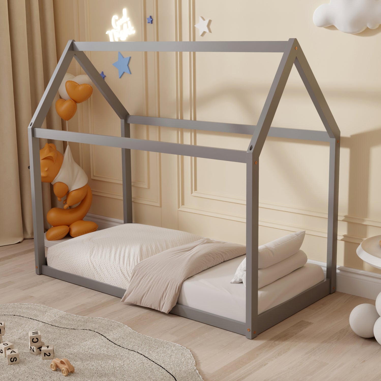 Детско легло с матрак Pepe от борова дървесина в сиво -- матрак 70x140см