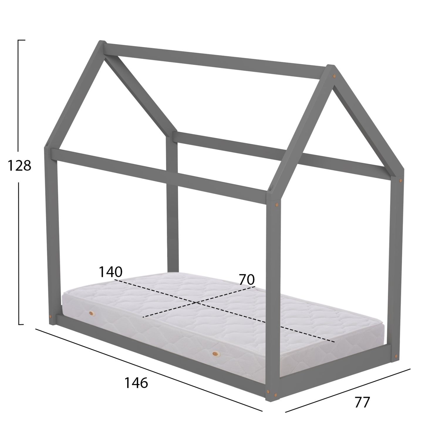 Детско легло с матрак Pepe от борова дървесина в сиво -- матрак 70x140см