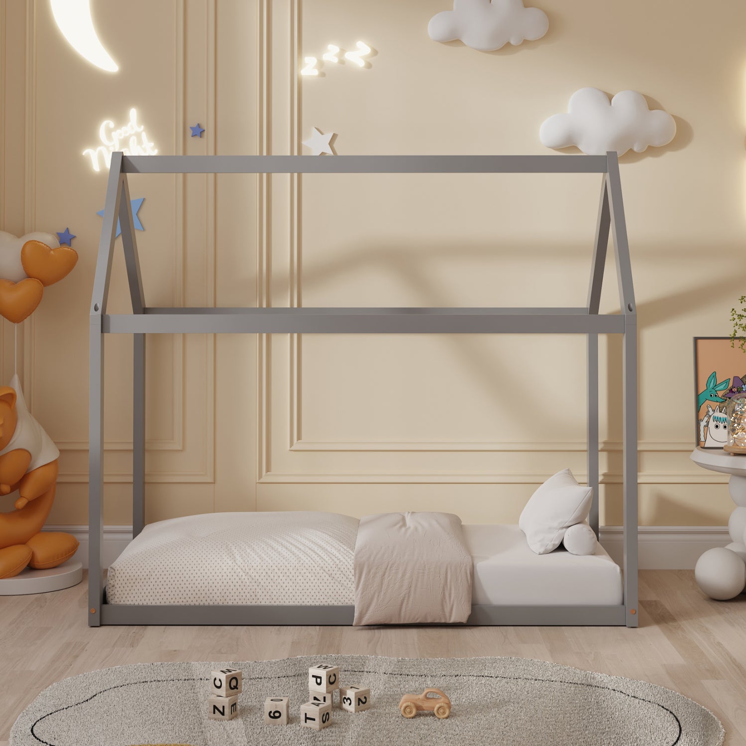 Детско легло с матрак Pepe от борова дървесина в сиво -- матрак 70x140см