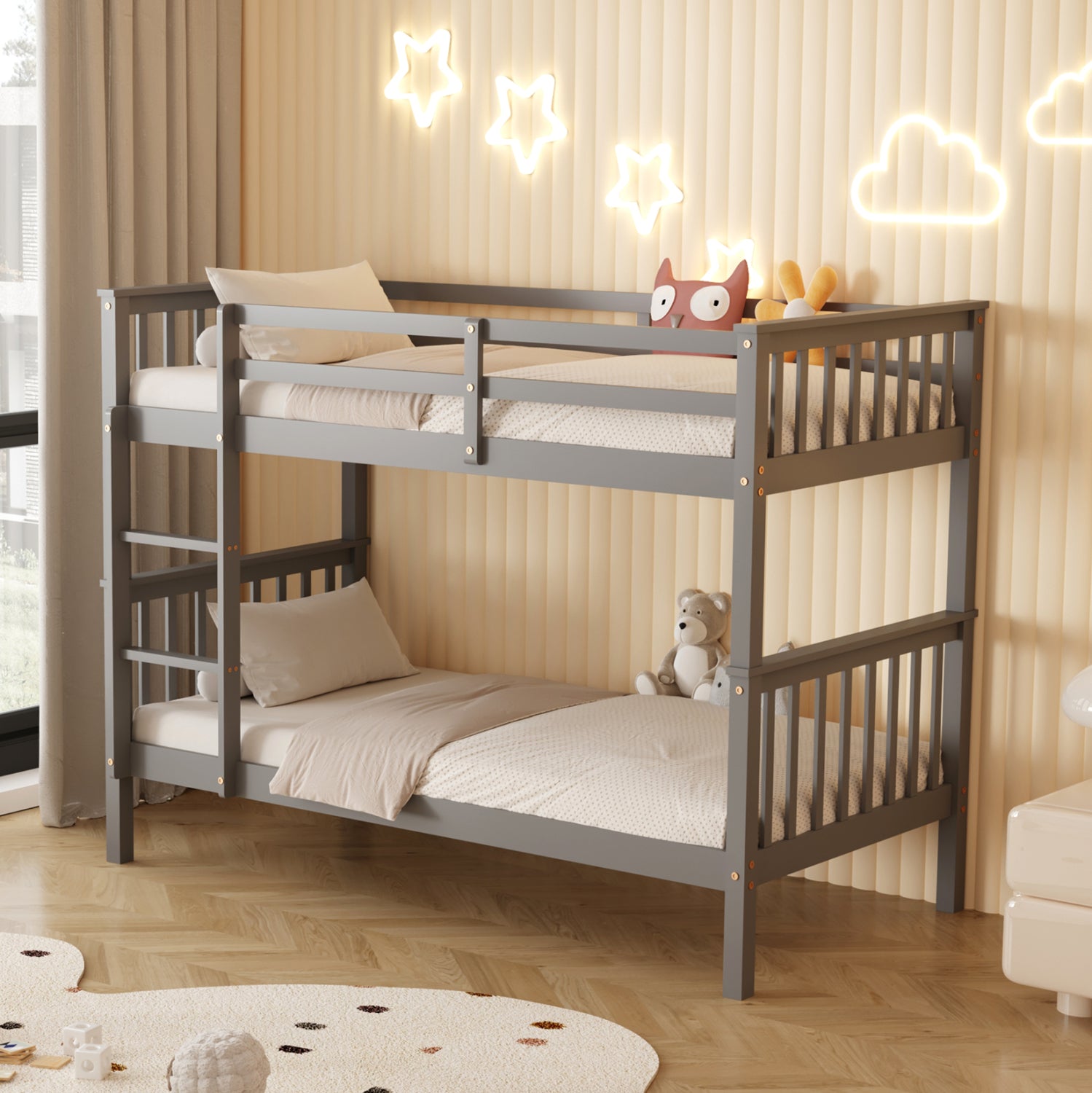 Детско двуетажно легло с 2 матрака LANTAI  борова дървесина, сива - матраци 90x190см