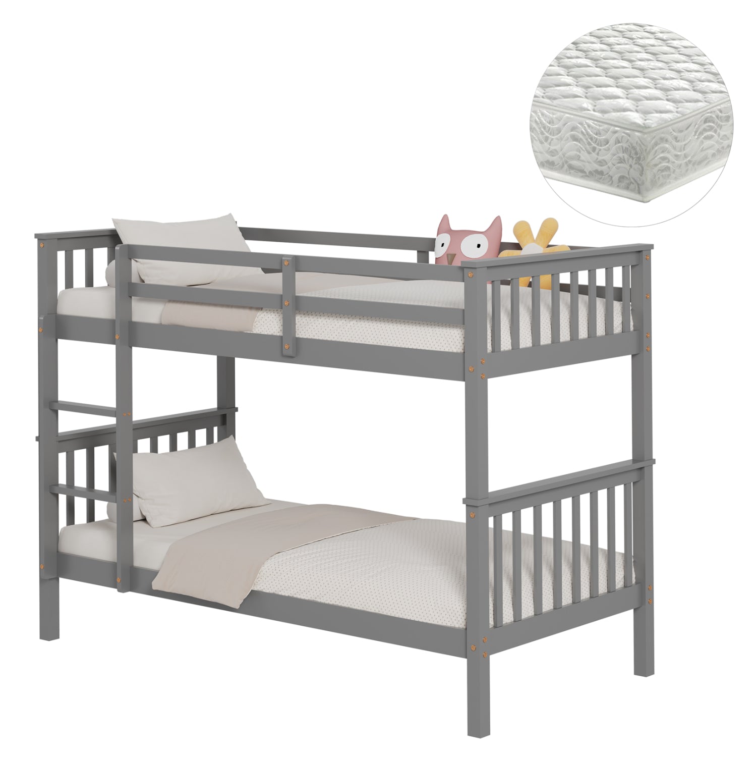 Детско двуетажно легло с 2 матрака LANTAI  борова дървесина, сива - матраци 90x190см