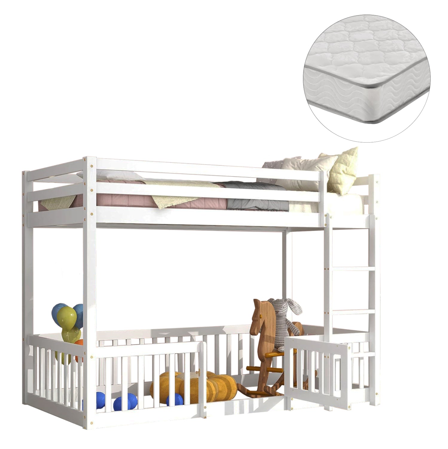 Детско двуетажно легло  PLAYKID   борова дървесина , бяло - с матрак 90x190 см