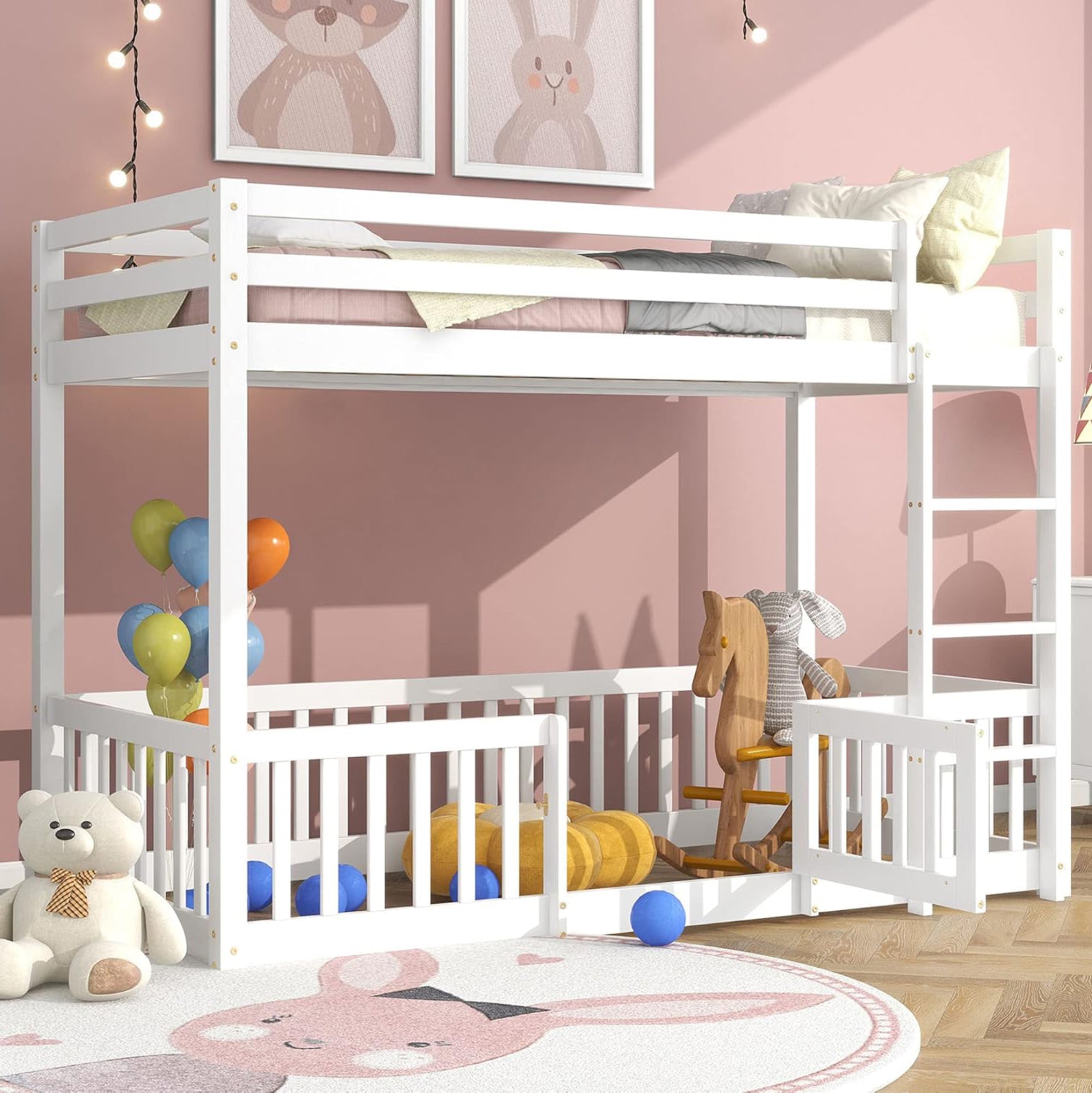 Детско двуетажно легло  PLAYKID   борова дървесина , бяло - с матрак 90x190 см
