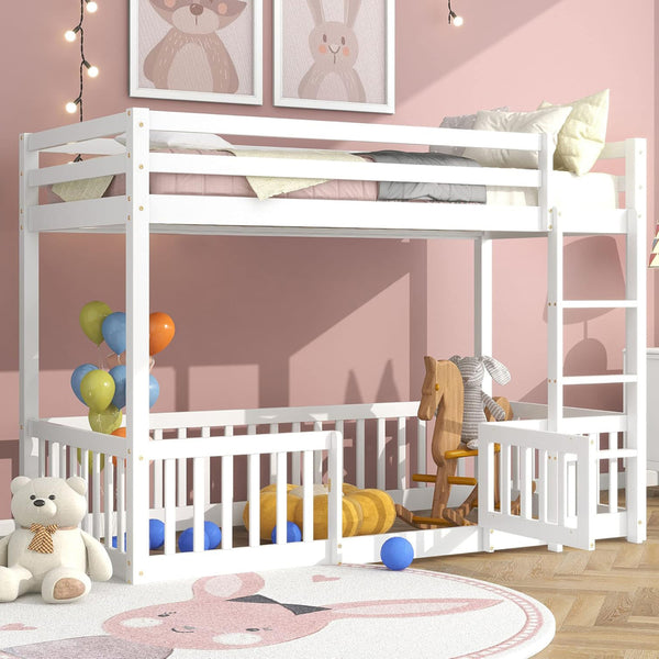 Детско двуетажно легло  PLAYKID   борова дървесина , бяло - с матрак 90x190 см