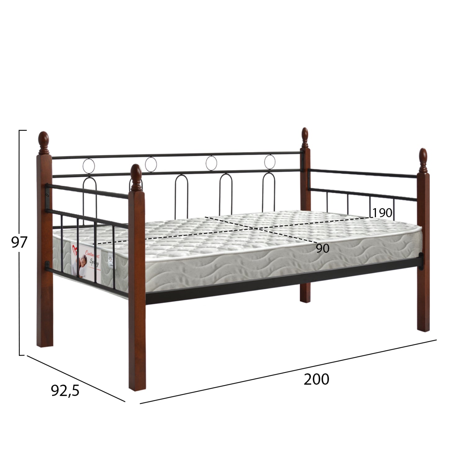 Разтегащ диван с матрак REVEN метал и дърво в тъмен дъб -- матрак 90x190 см