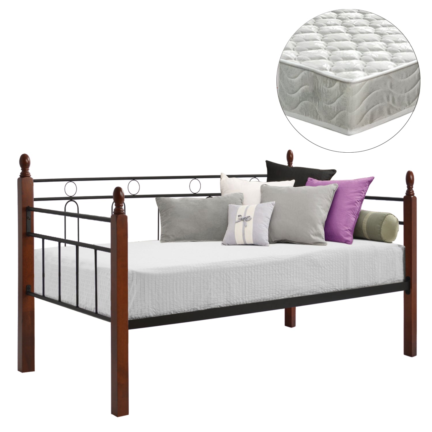 Разтегащ диван с матрак REVEN метал и дърво в тъмен дъб -- матрак 90x190 см