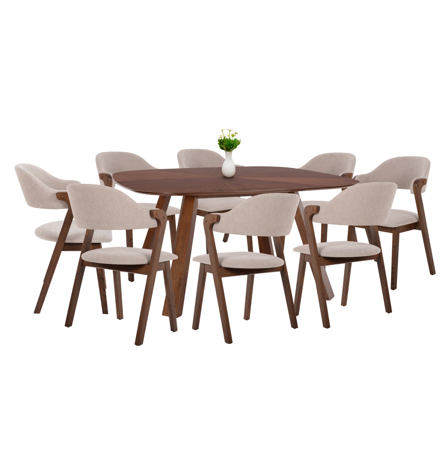 Комплект за хранене 9 части mdf маса rider - столове от каучуково дърво и плат