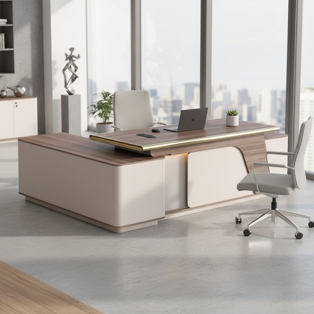 Дясно ъглово бюро SUPERON меламин в натурален и бежов цвят с LED осветление 240x180x76см