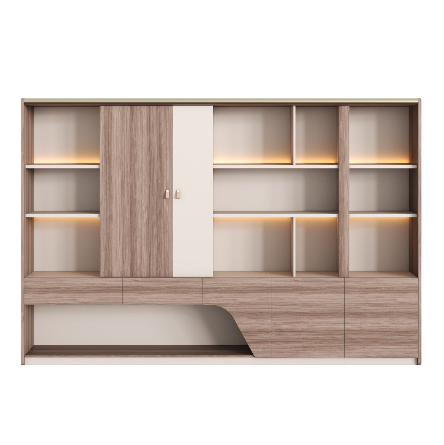 Офис библиотека SUPERON меламин натурален и бежов цвят с LED осветление 300x40x200см