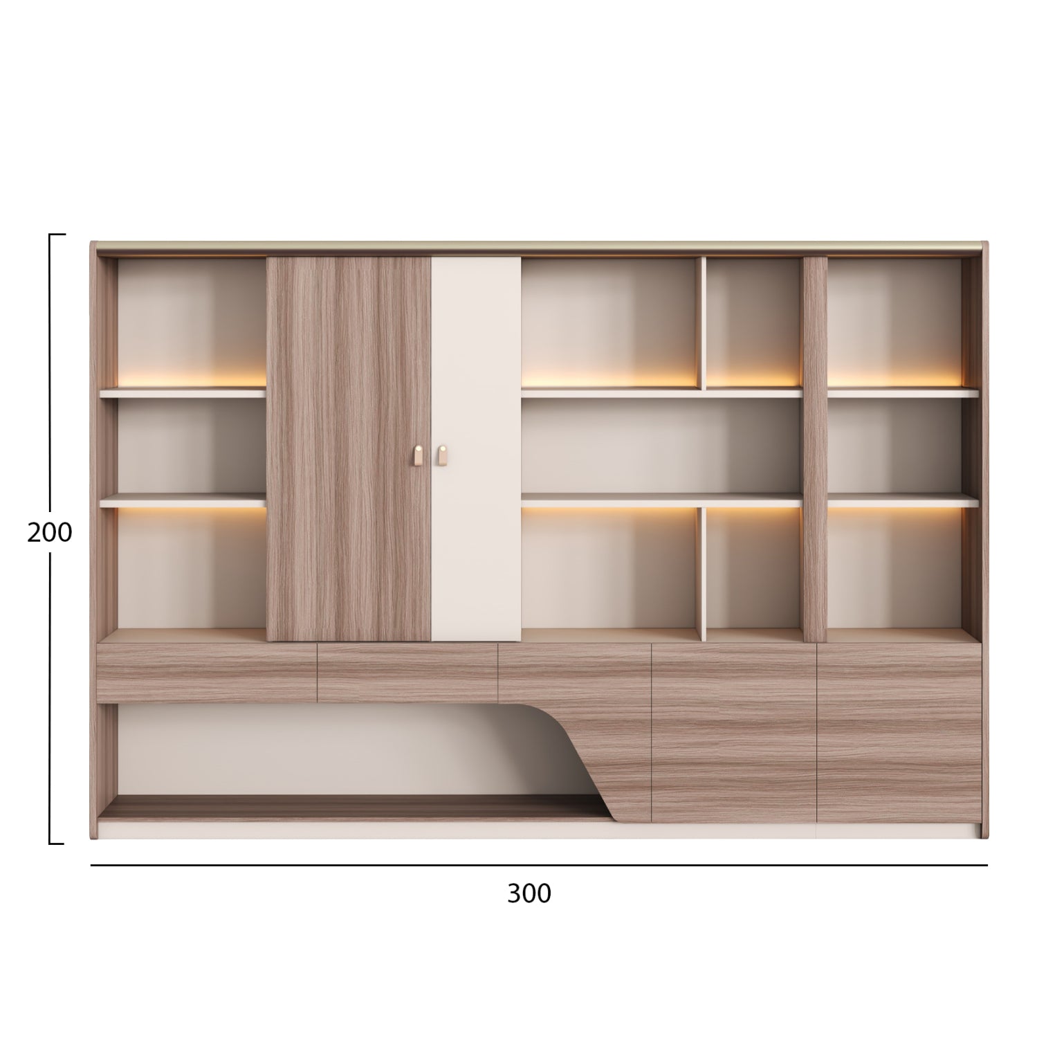 Офис библиотека SUPERON меламин натурален и бежов цвят с LED осветление 300x40x200см