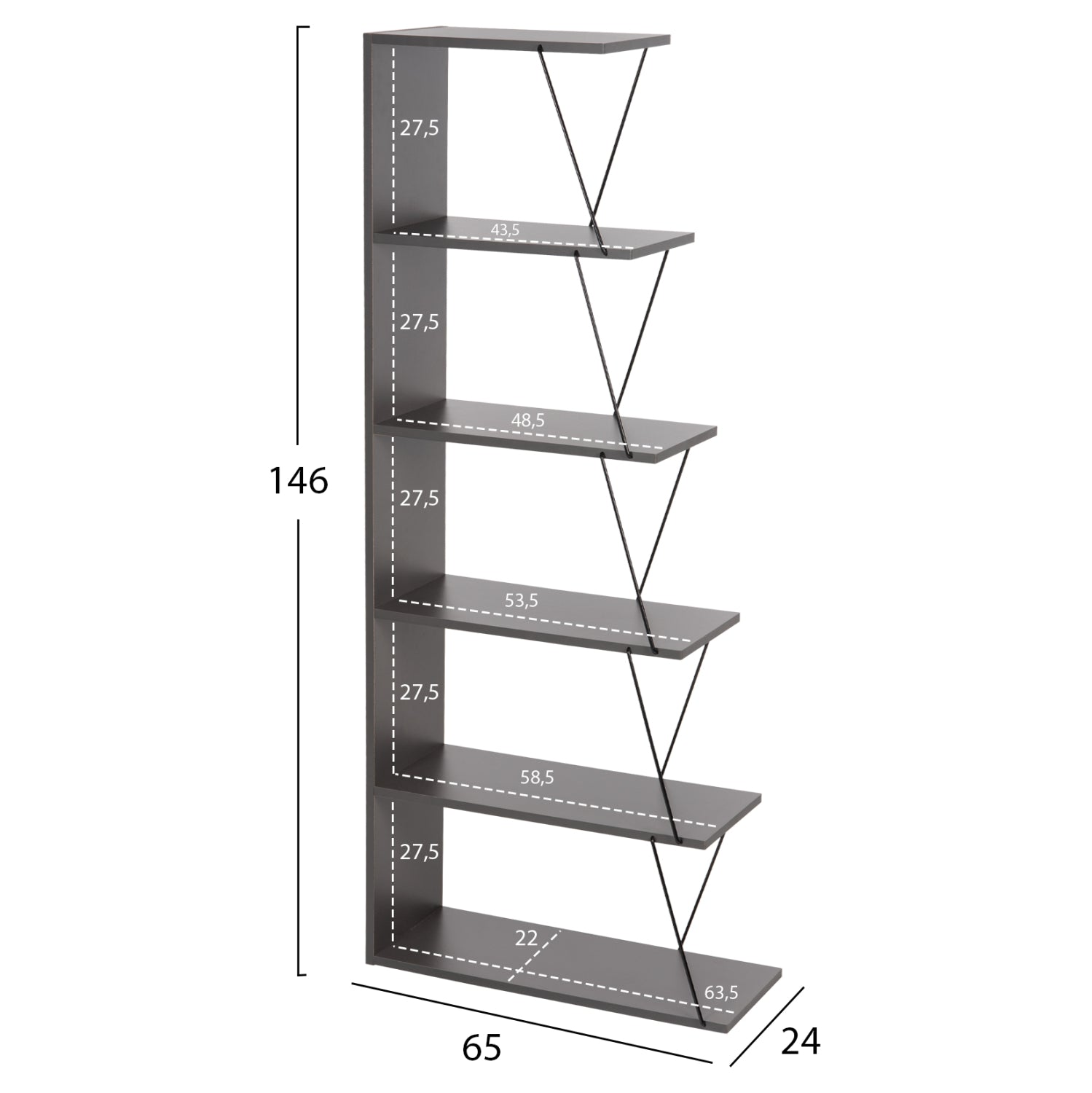 Библиотека тарс 65х146 -цвят тъмно сив-черен