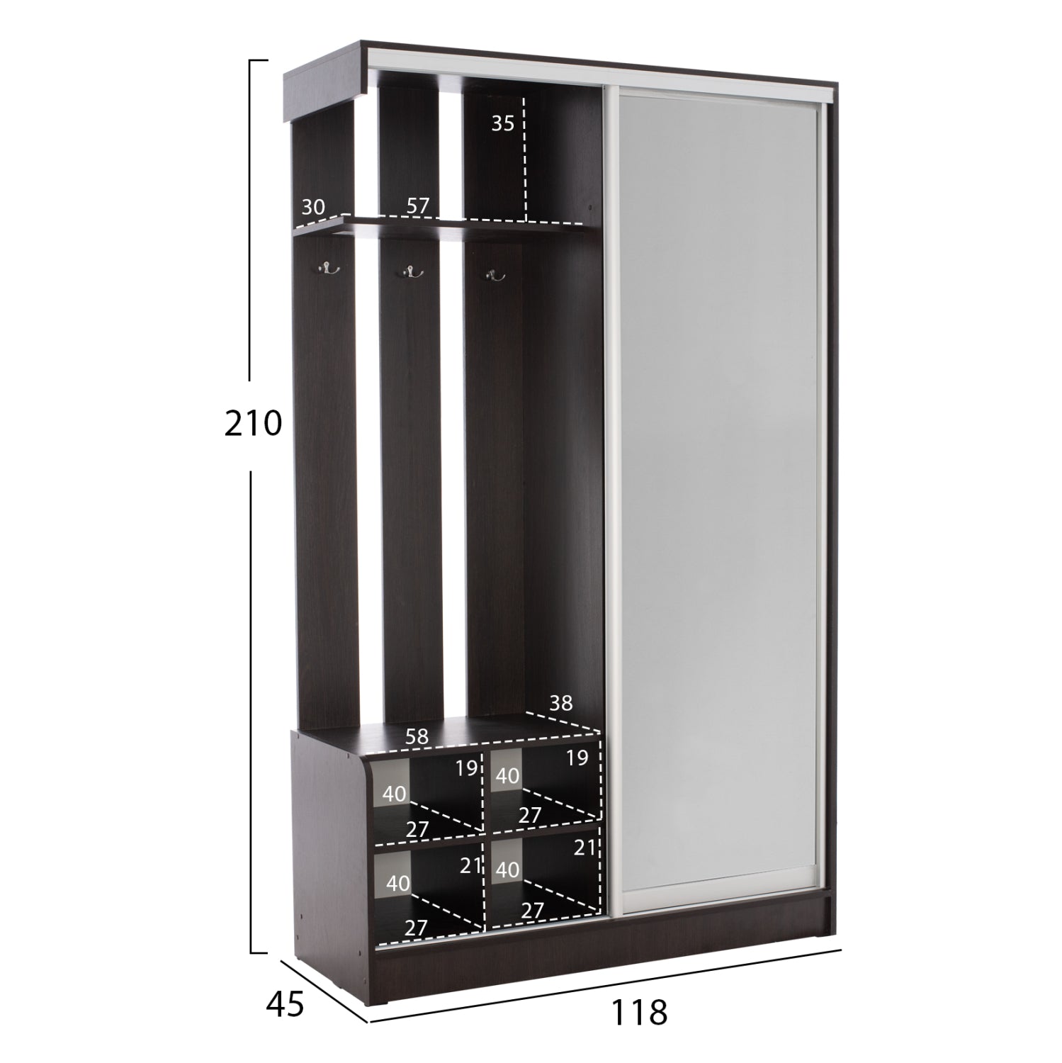 Входно обзавеждане  DULCE с плъзгащ се гардероб и огледало, цвят венге, 118x45x210 см