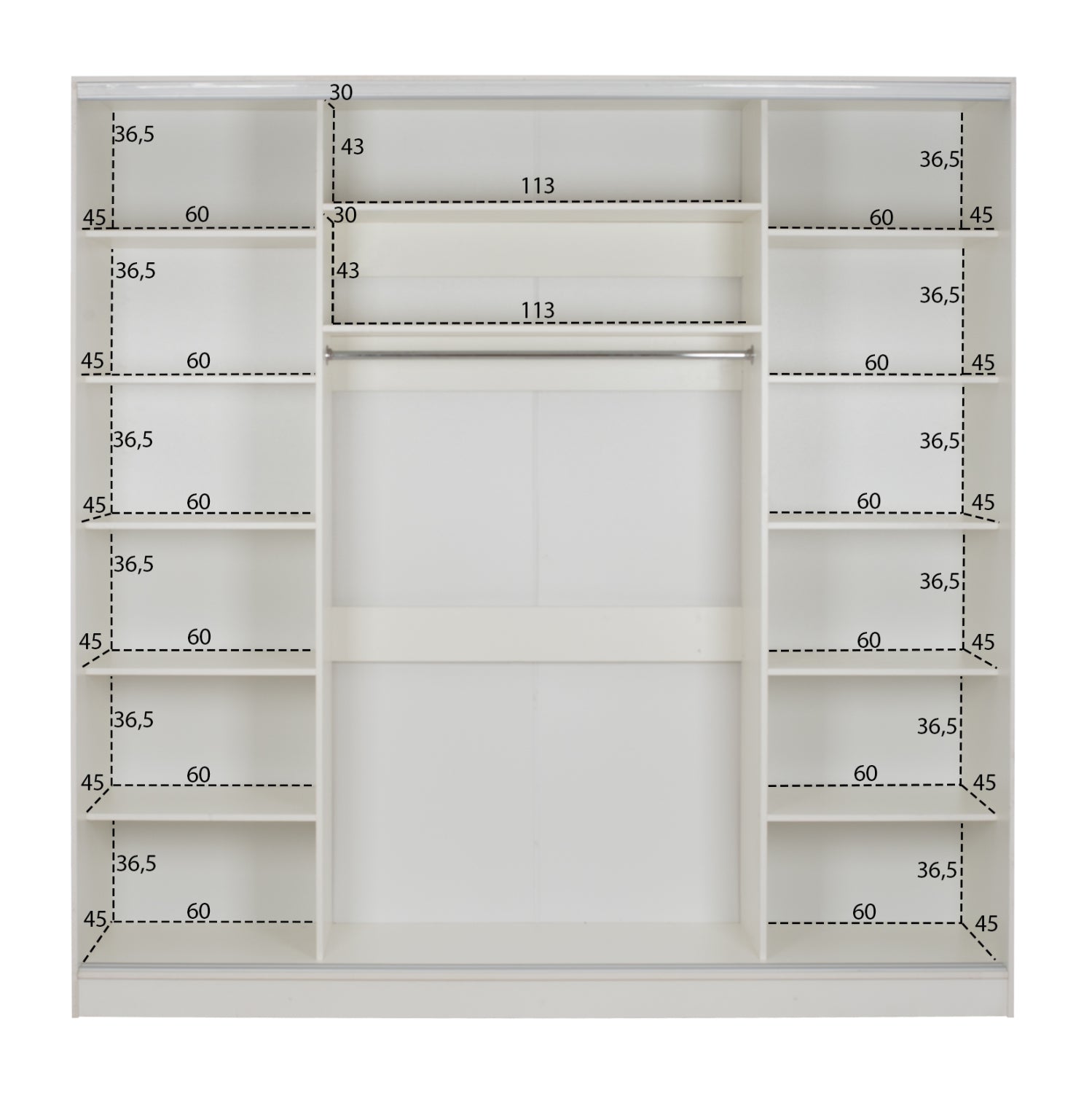 Гардероб Adler с плъзгащ се панел, бял меламин, с 3-делно огледало, 240x60x240 см