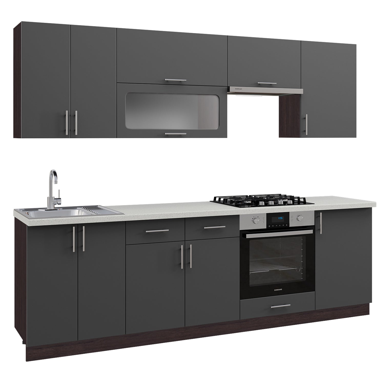 Кухненски комплект mdf тъмносив hpl бежов мраморен плот 250x47x84.8см