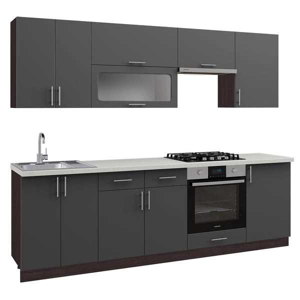 Кухненски комплект mdf тъмносив hpl бежов мраморен плот 250x47x84.8см