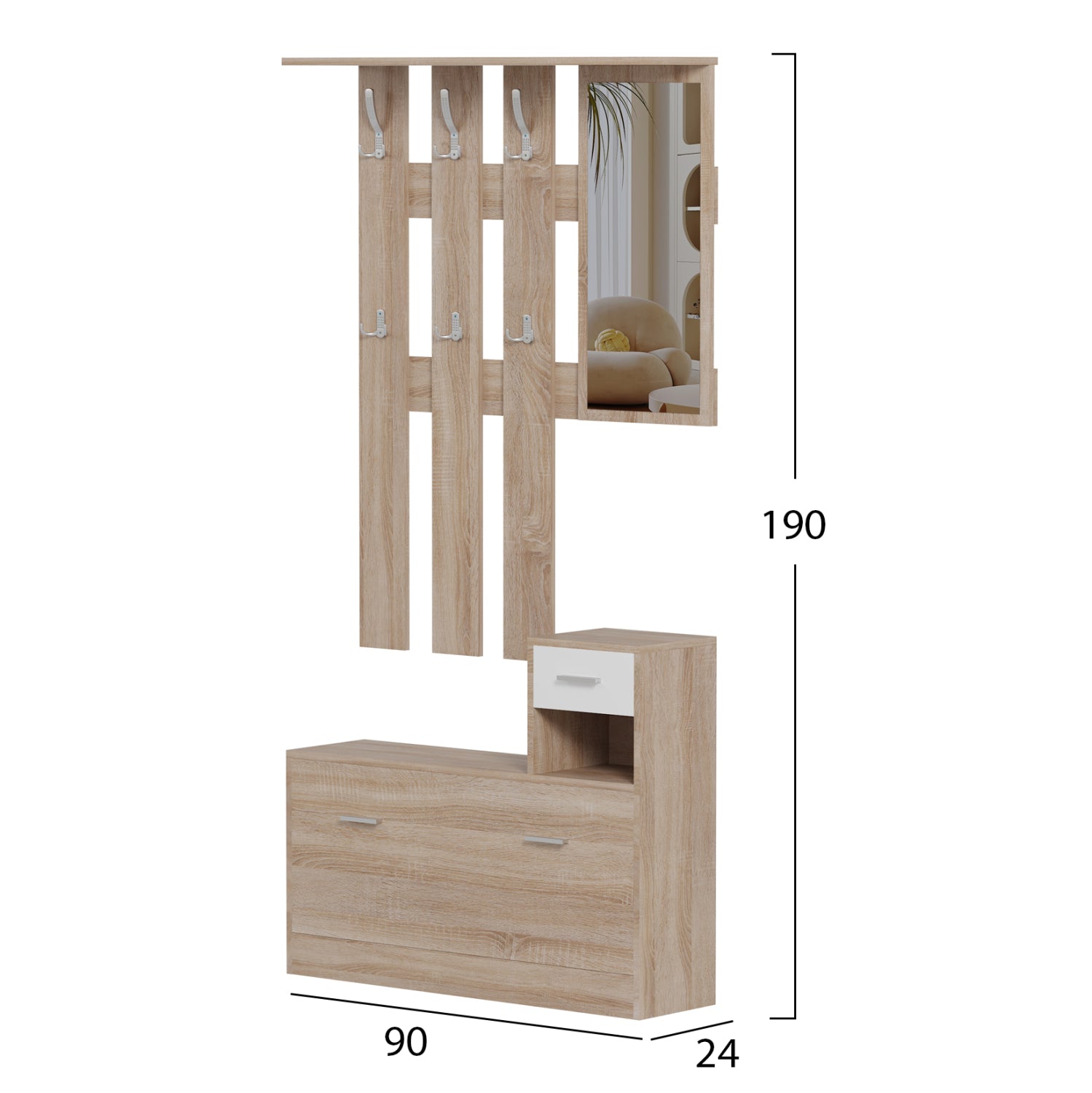Входна мебел за антре GORN  цвят сонама-бял 90x24x190см