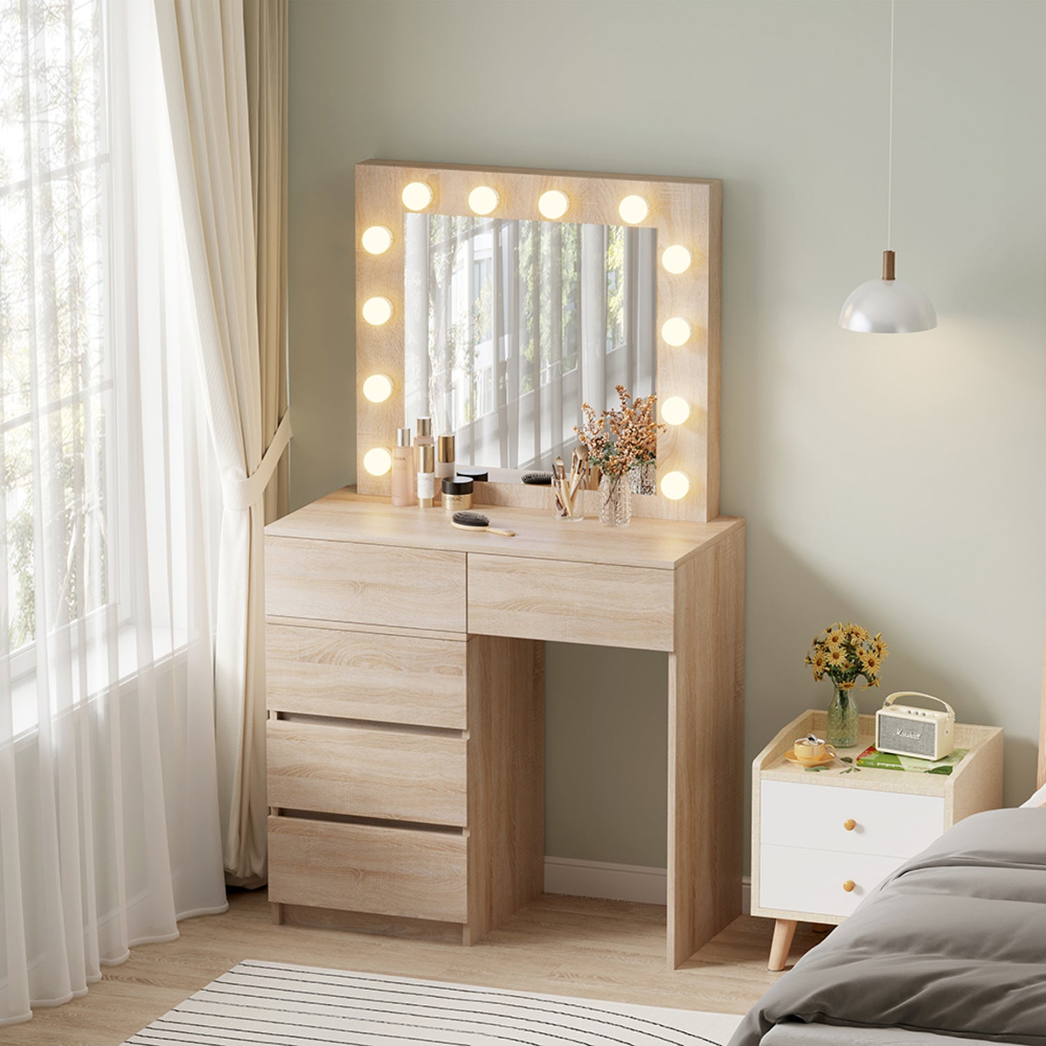 Тоалетка BEYON с led осветление и чекмеджета цвят сонома 112.5x40.5x140см