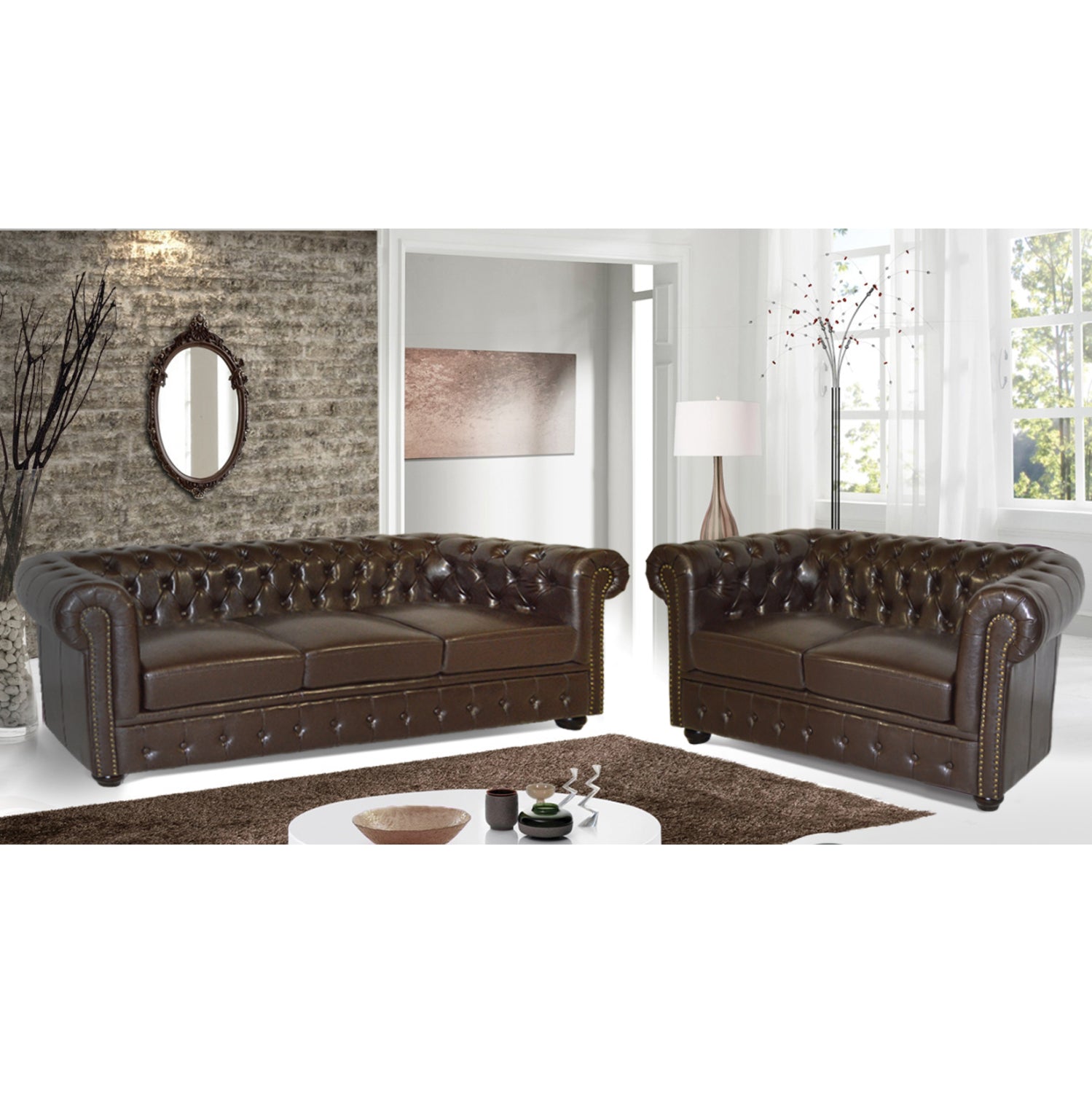 Комплект за отдих честърфийлд с 2 и 3 места, тъмнокафяв