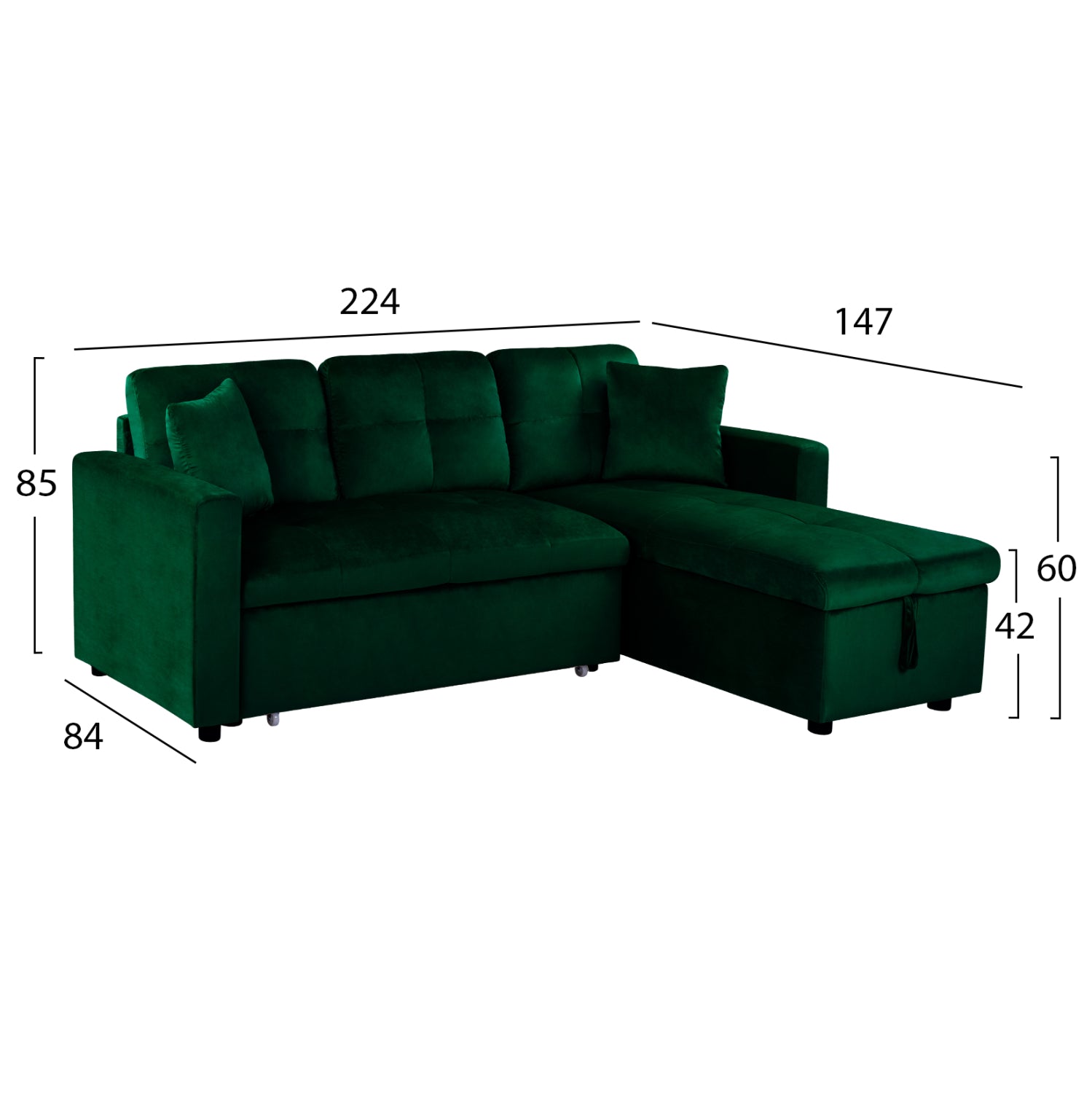 Ъглов разтегател Wayne 224x147x85см. кадифен кипарис