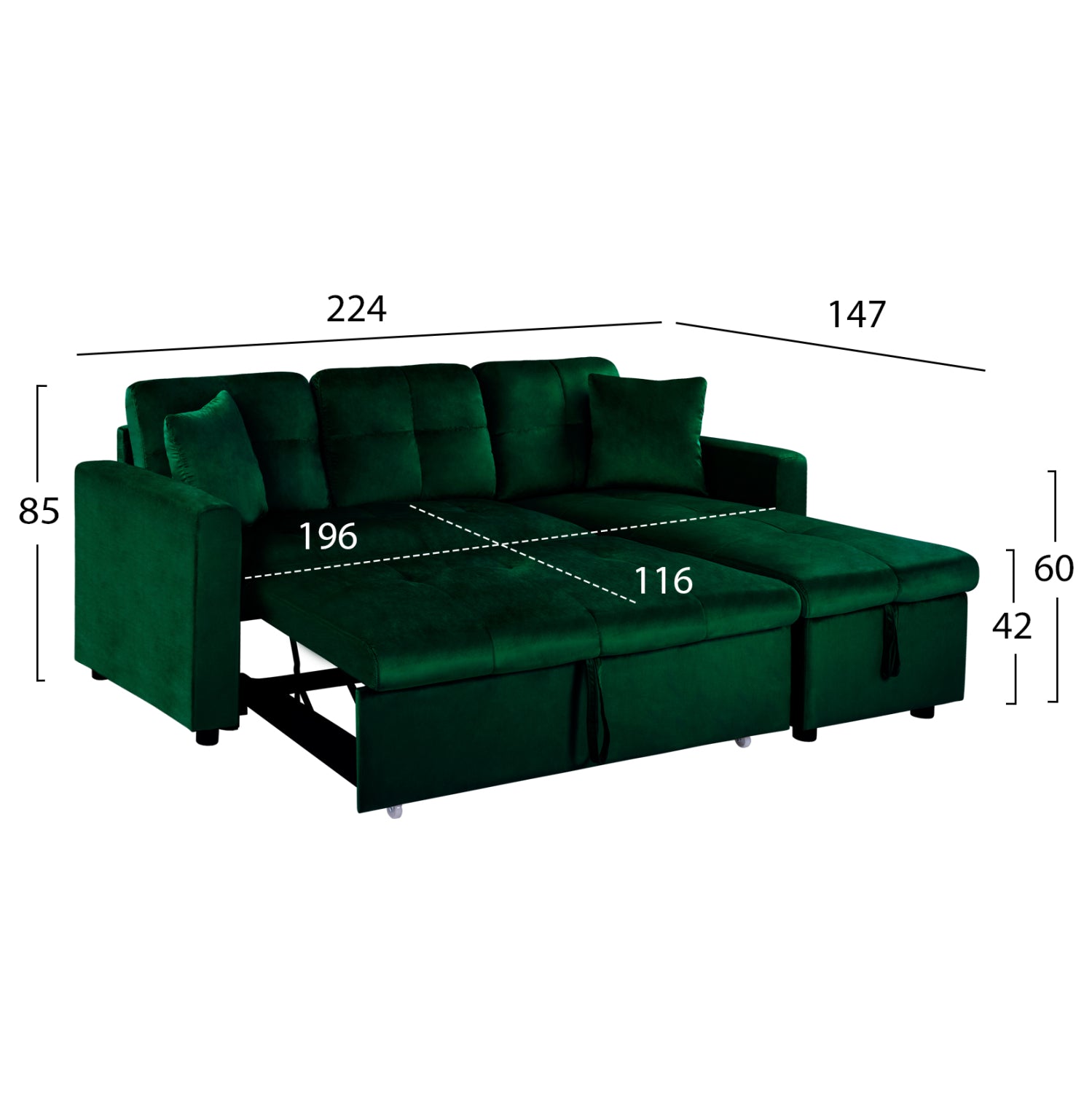 Ъглов разтегател Wayne 224x147x85см. кадифен кипарис