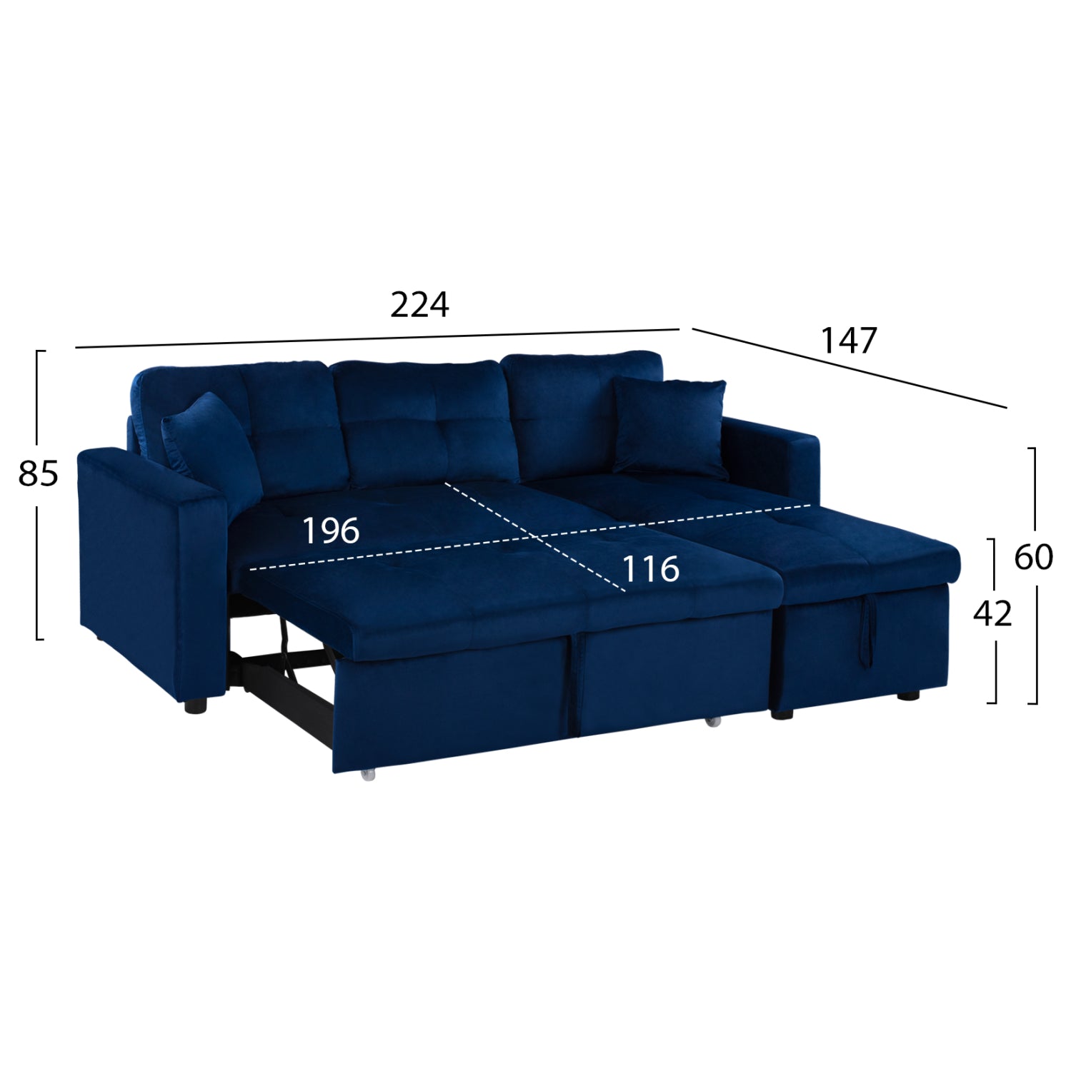 Ъглов разтегащ диван Wayne 224x147x85см кадифено синьо