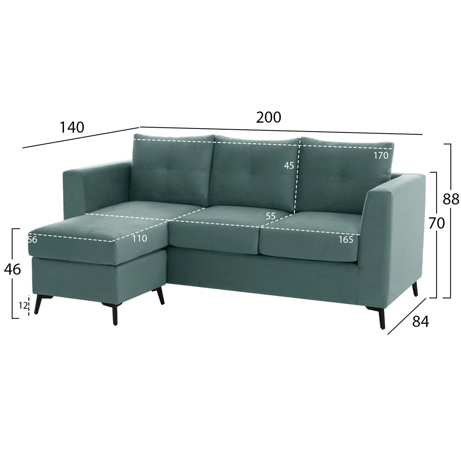 Ъглов диван обръщаем  цвят мента плат 200x140x88см