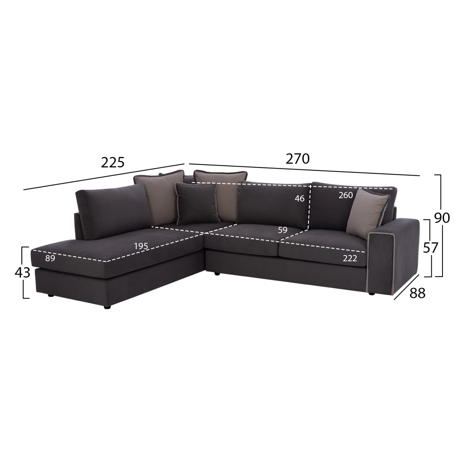 Ляв ъглов диван Home сив  плат 270x225x90см