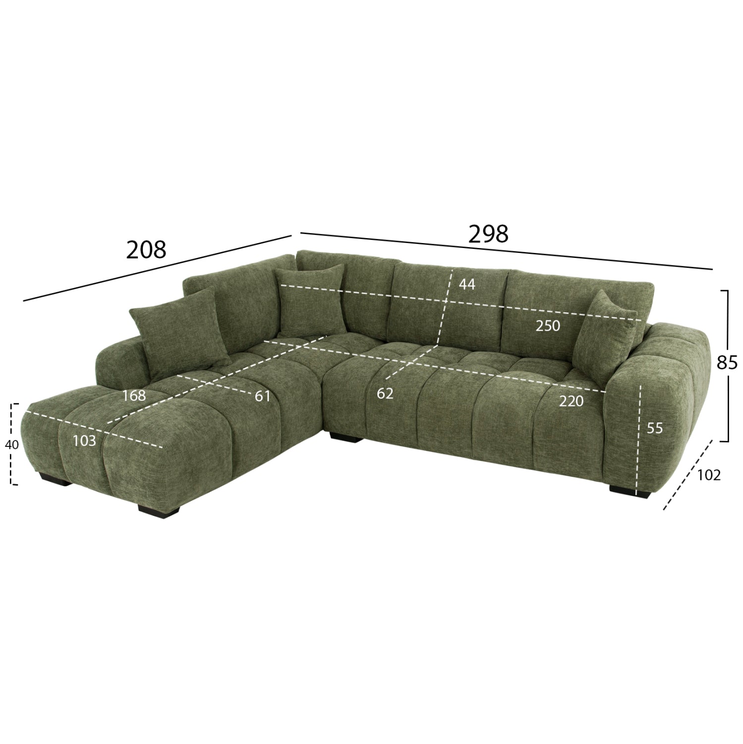 Ъглов диван (ляв) Coven зелен плат 298x102-208x85всм.