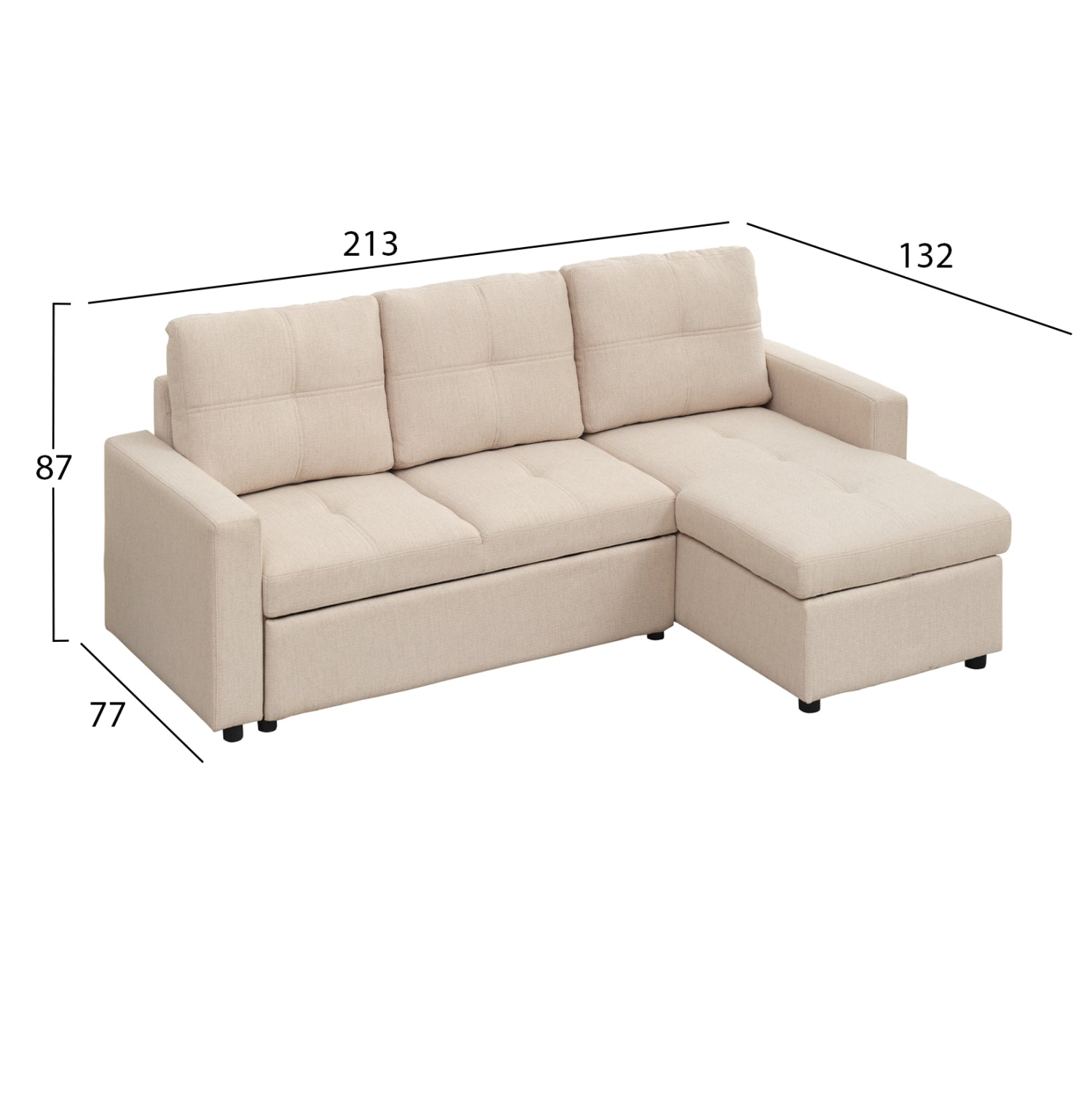 Ъглов разтегащ диван, обърнат, salino бежов плат, 213x132x87см