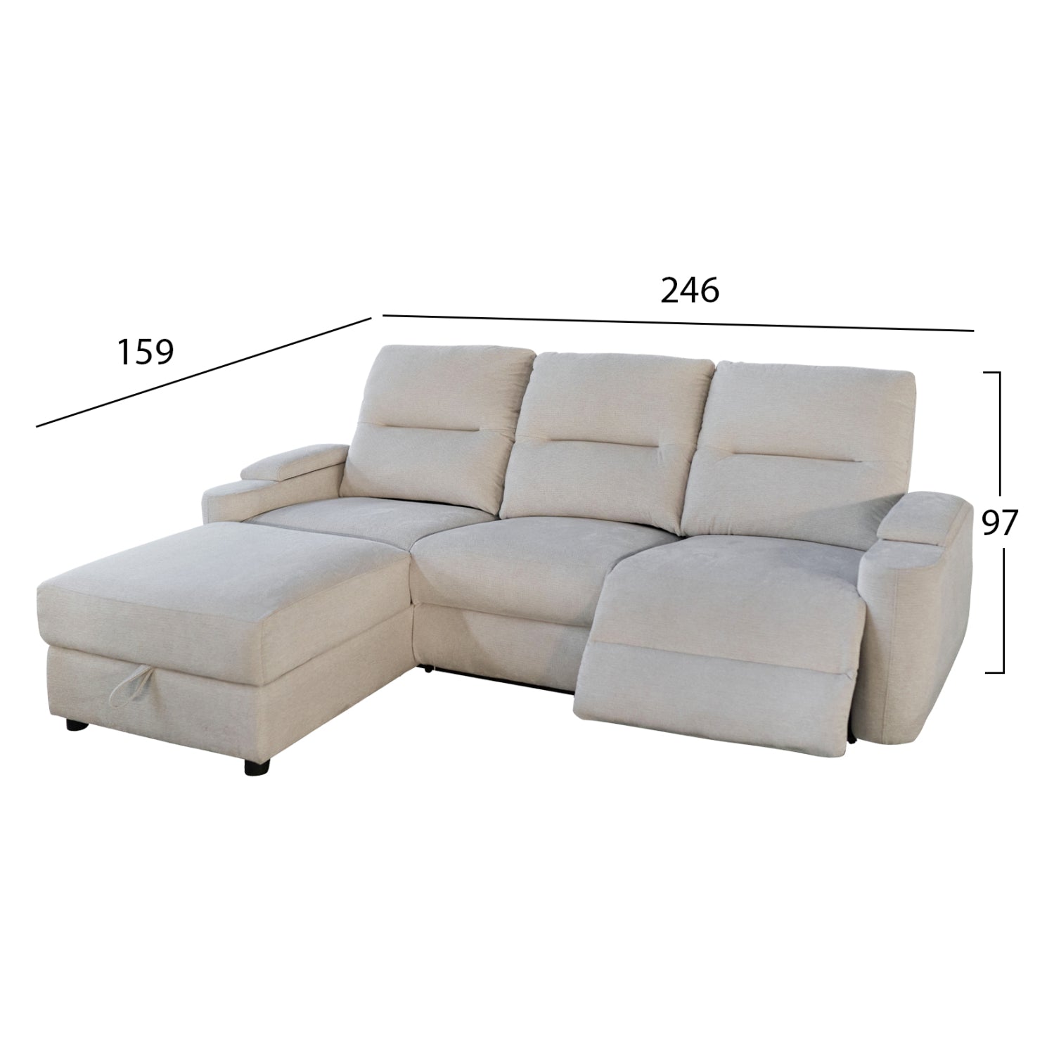 Ляв ъглов диван  SYNTHIA с  с електрически фотьойл и място за съхранение бежов плат 246x159x97см.