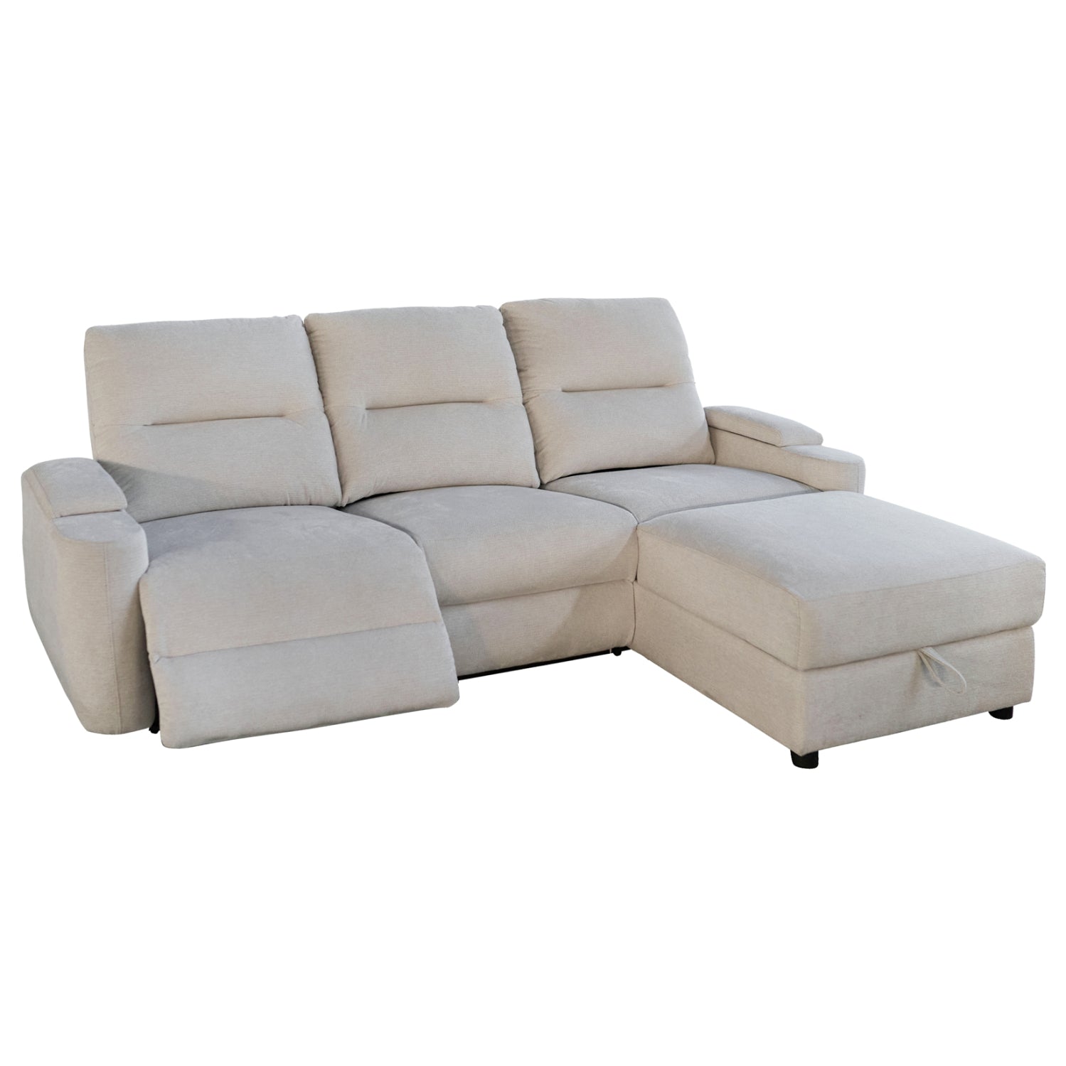 Десен ъглов диван  SYNTHIA,  с електрически фотьойл и място за съхранение  бежов плат 246x159x97см.