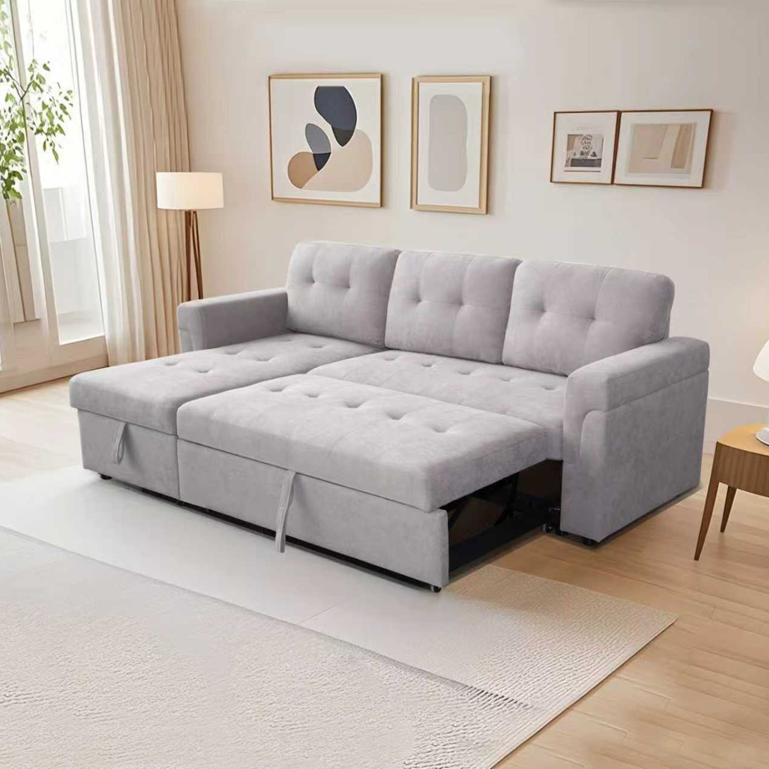 Ъглов разтегащ диван, обърнат, сив, платена 214x137x83см