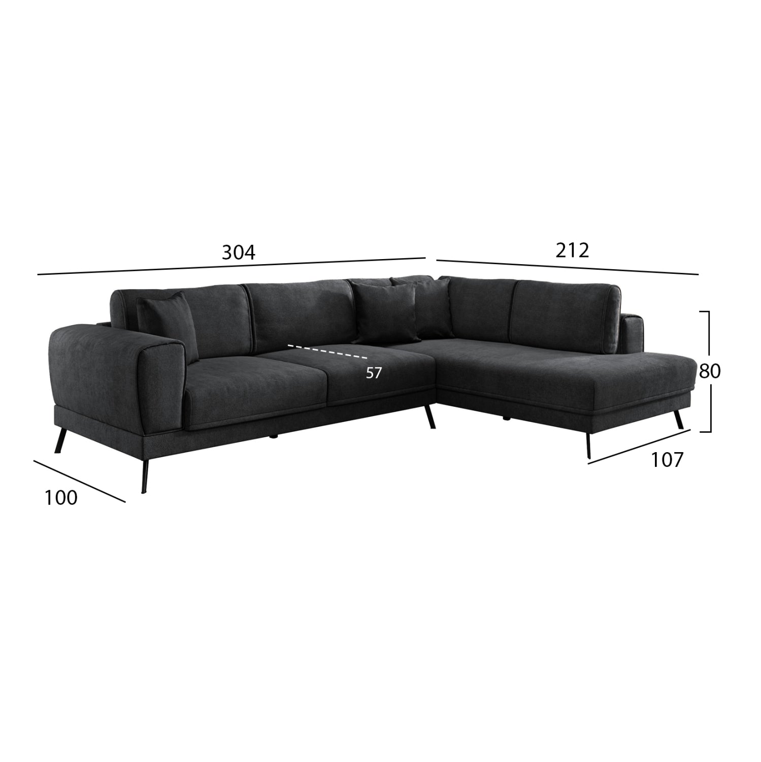 Разтегателен диван десен ъгъл Zenora тъмно сив плат 304x212x80см