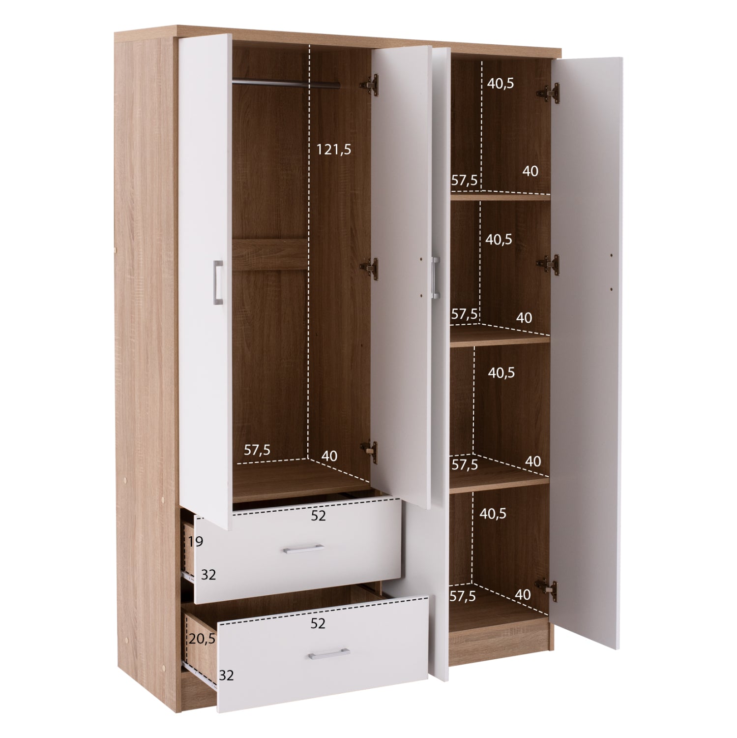 Гардероб BLAKELY  цвят сонома-бял 120Χ42,5Χ180,5см