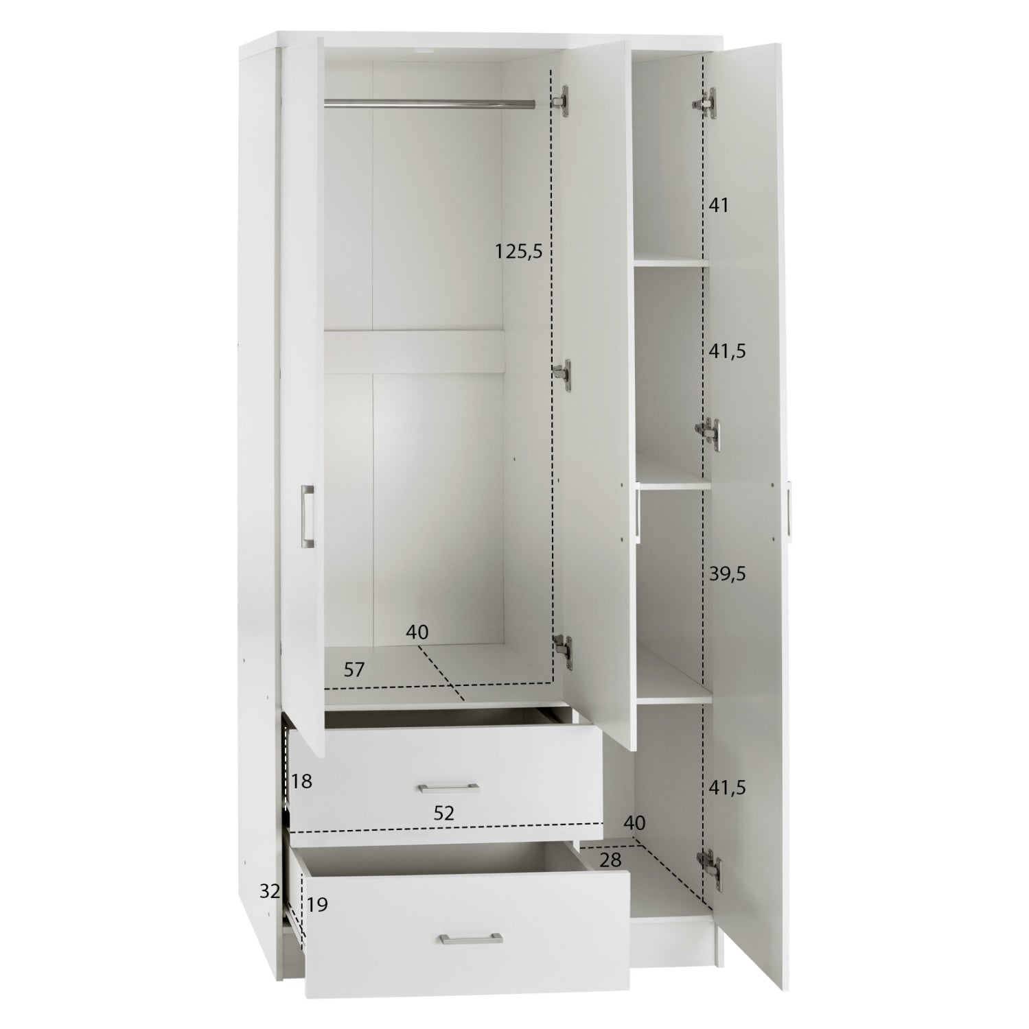 Гардероб с 3 врати и 2 чекмеджета CAESAR цвят бял 89x42.5x181 см