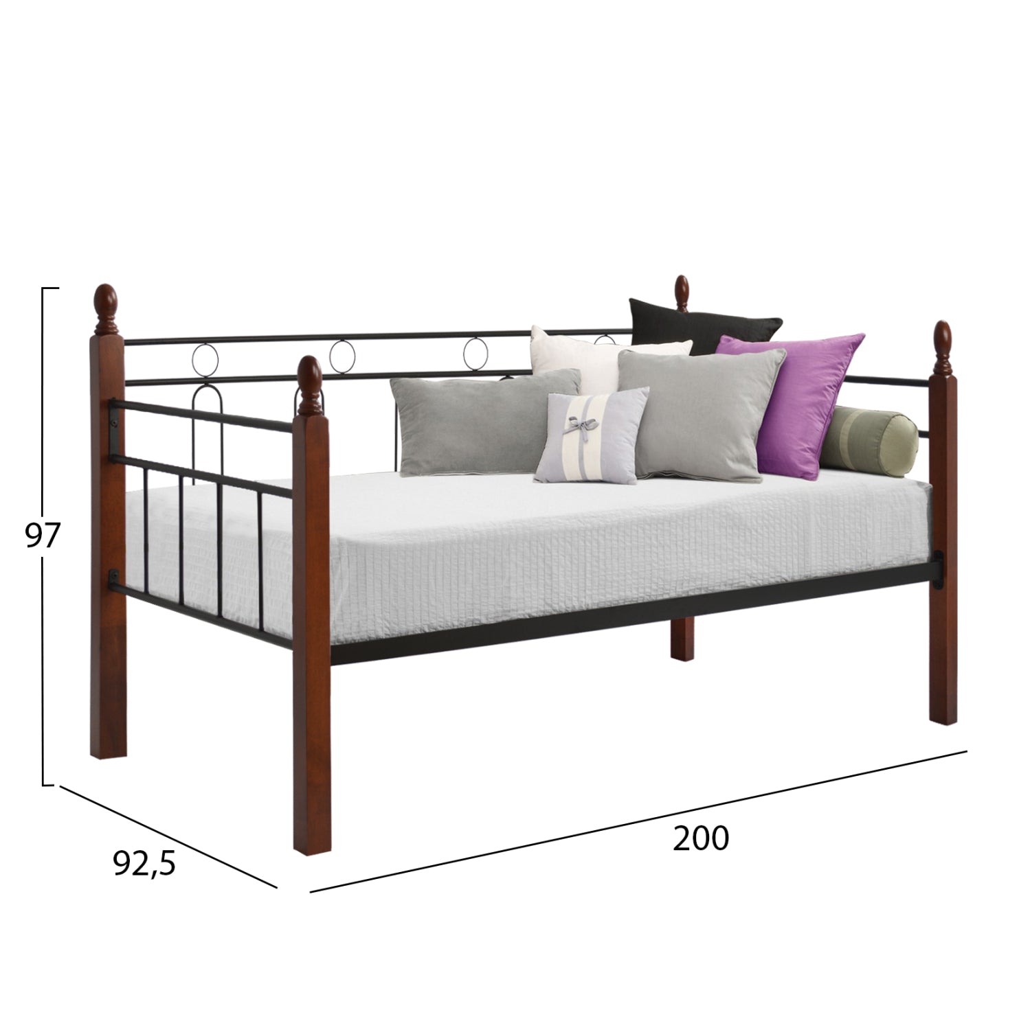 Легло-диван Reven метал-черен цвят и дърво-цвят мръсен дъб 90х190 см